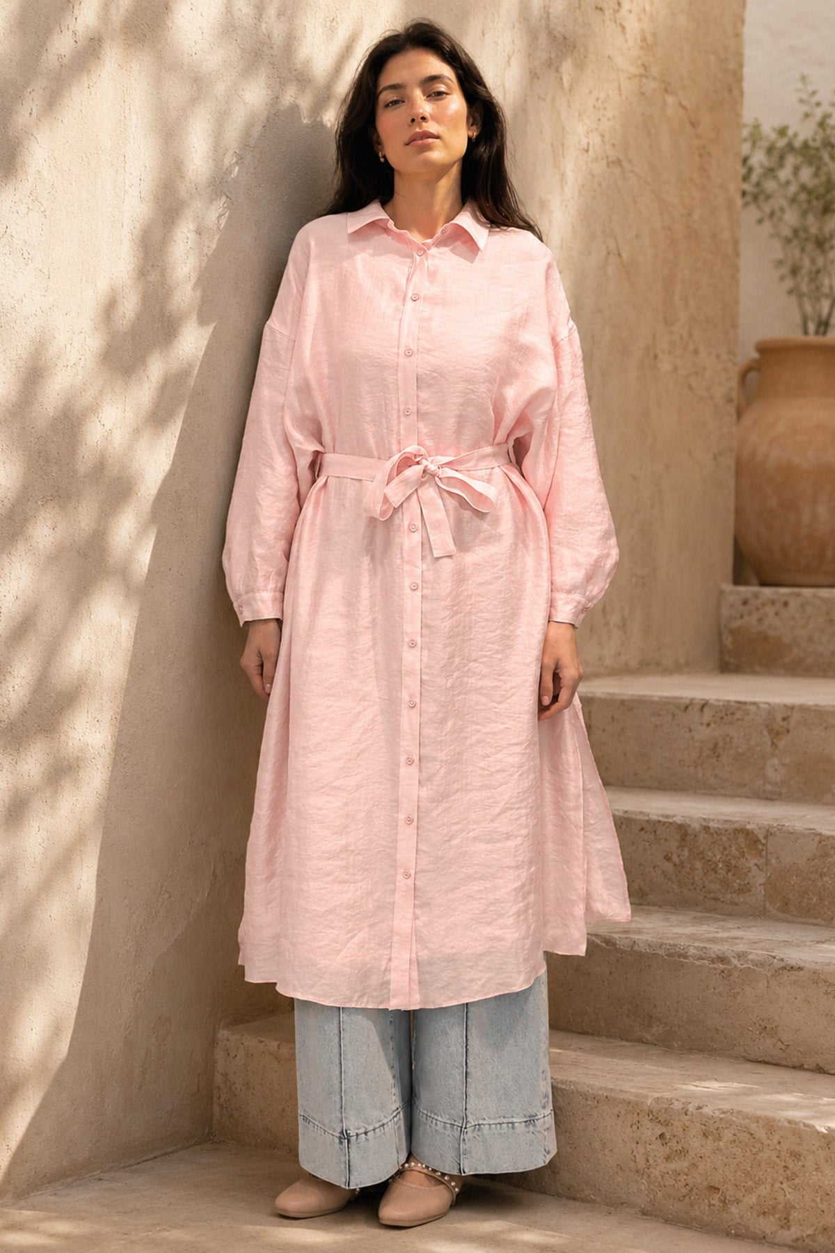 Çift Katlı Kuşaklı Nil Tunik 165 Pembe