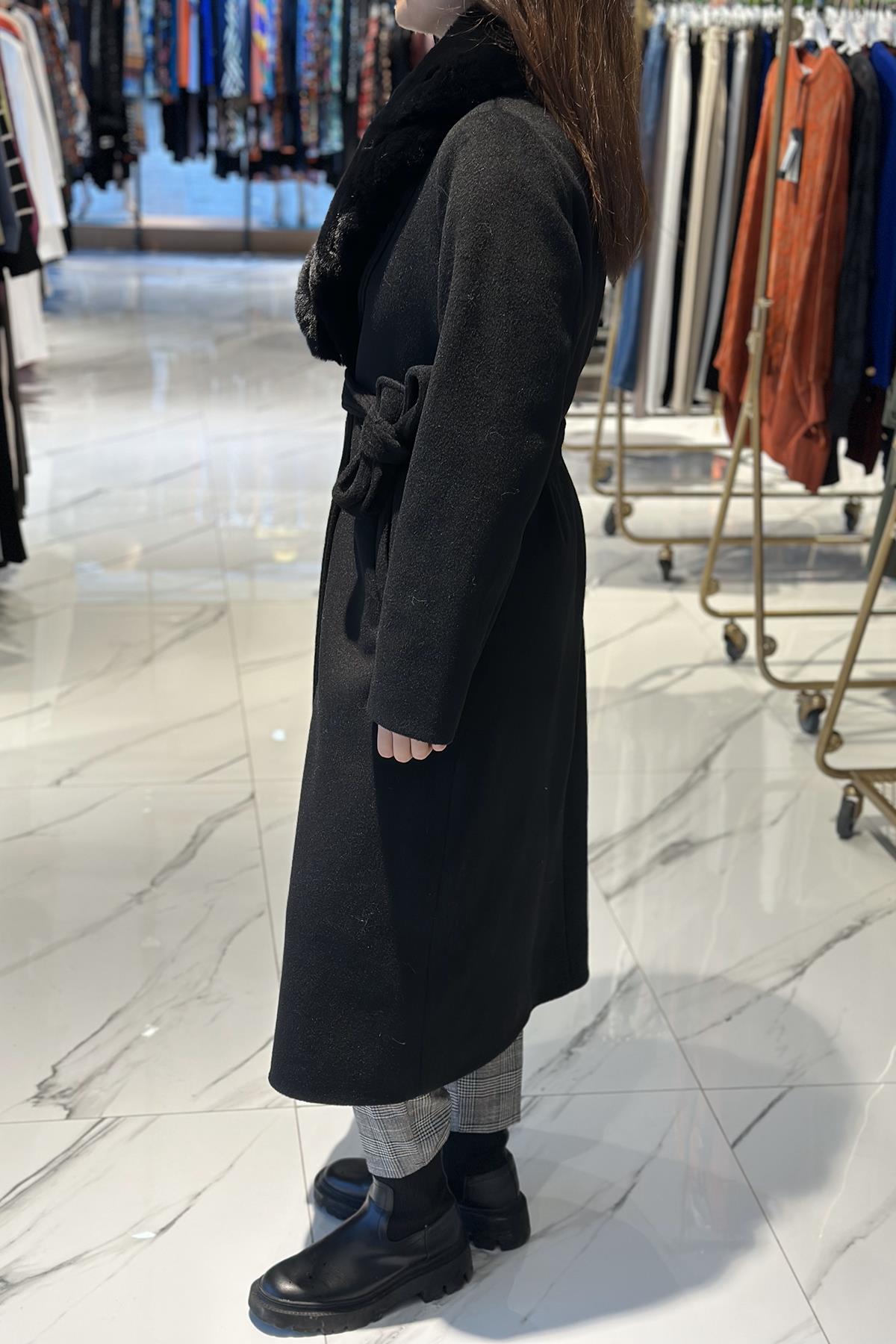 Çift Yakalı Kaşe Kaban 20100 Siyah