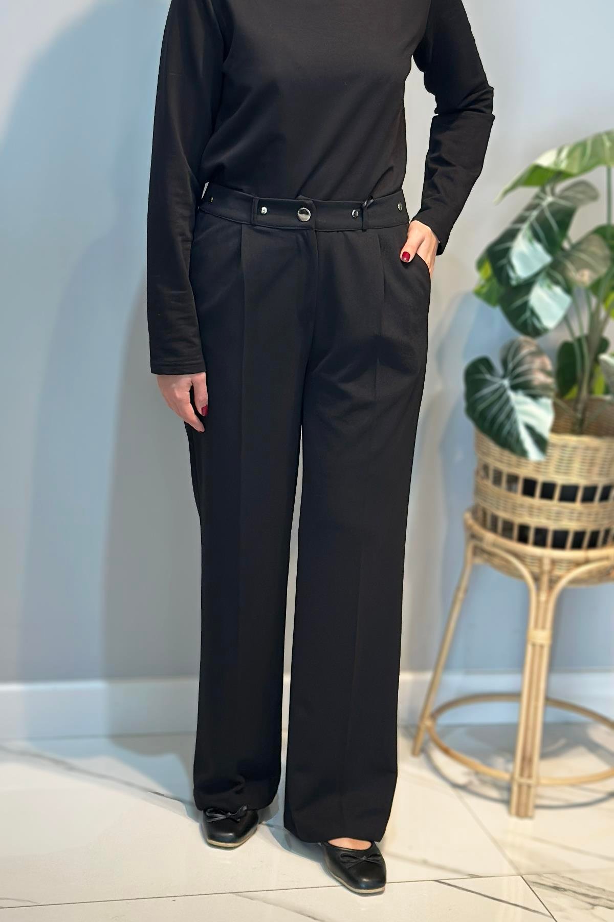 Çıt Çıt Düğme Detay Palazzo Pantolon 16118 Siyah