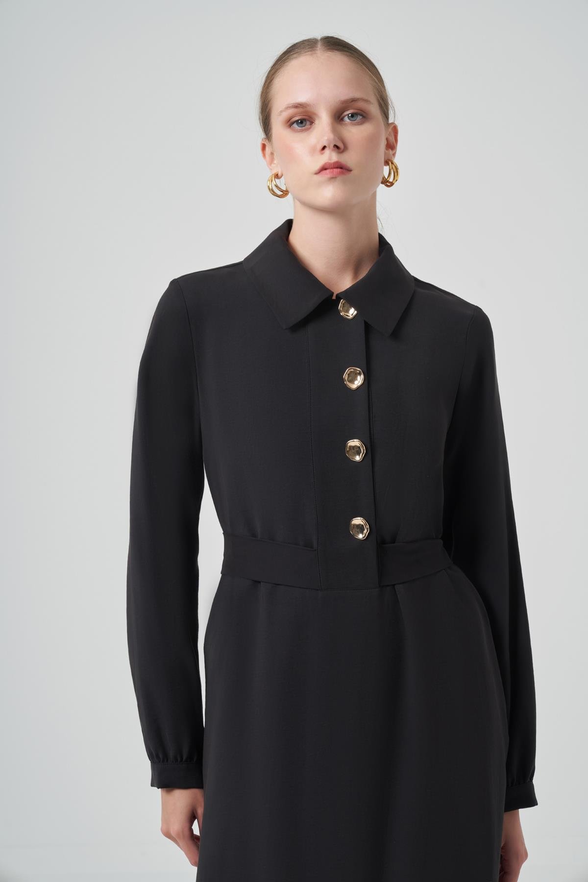 Çıtçıt Düğme Detay Kuşaklı Elbise 2007 Siyah