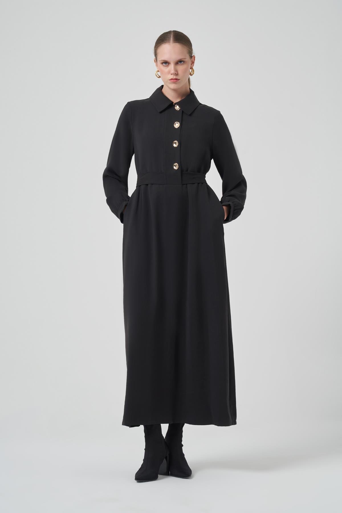 Çıtçıt Düğme Detay Kuşaklı Elbise 2007 Siyah