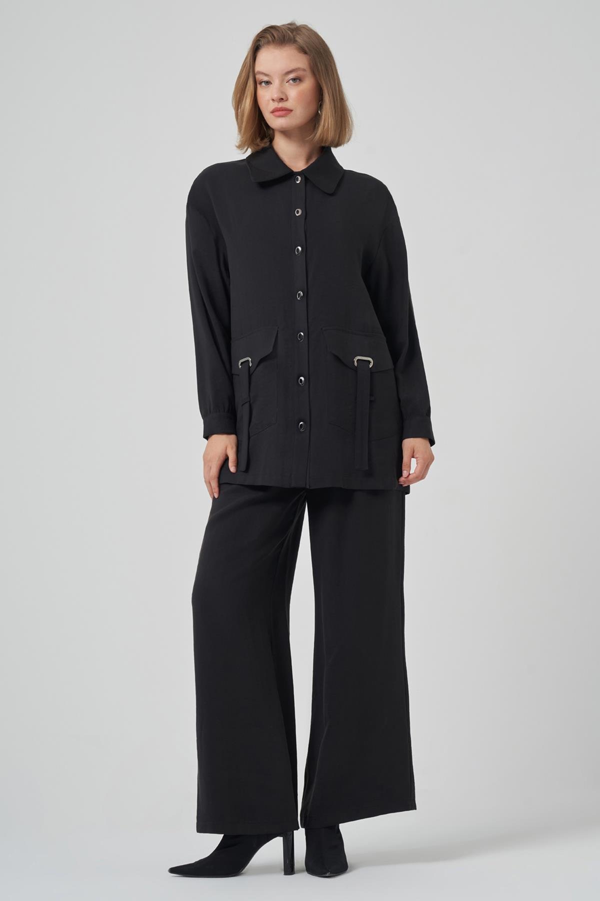 Çıtçıt ve Cep Detay Gömlek Pantolon Takım 1025 Siyah