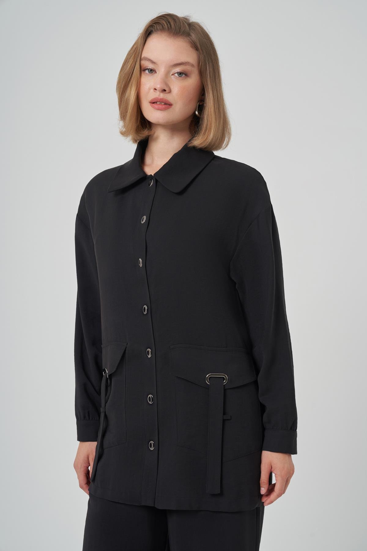 Çıtçıt ve Cep Detay Gömlek Pantolon Takım 1025 Siyah