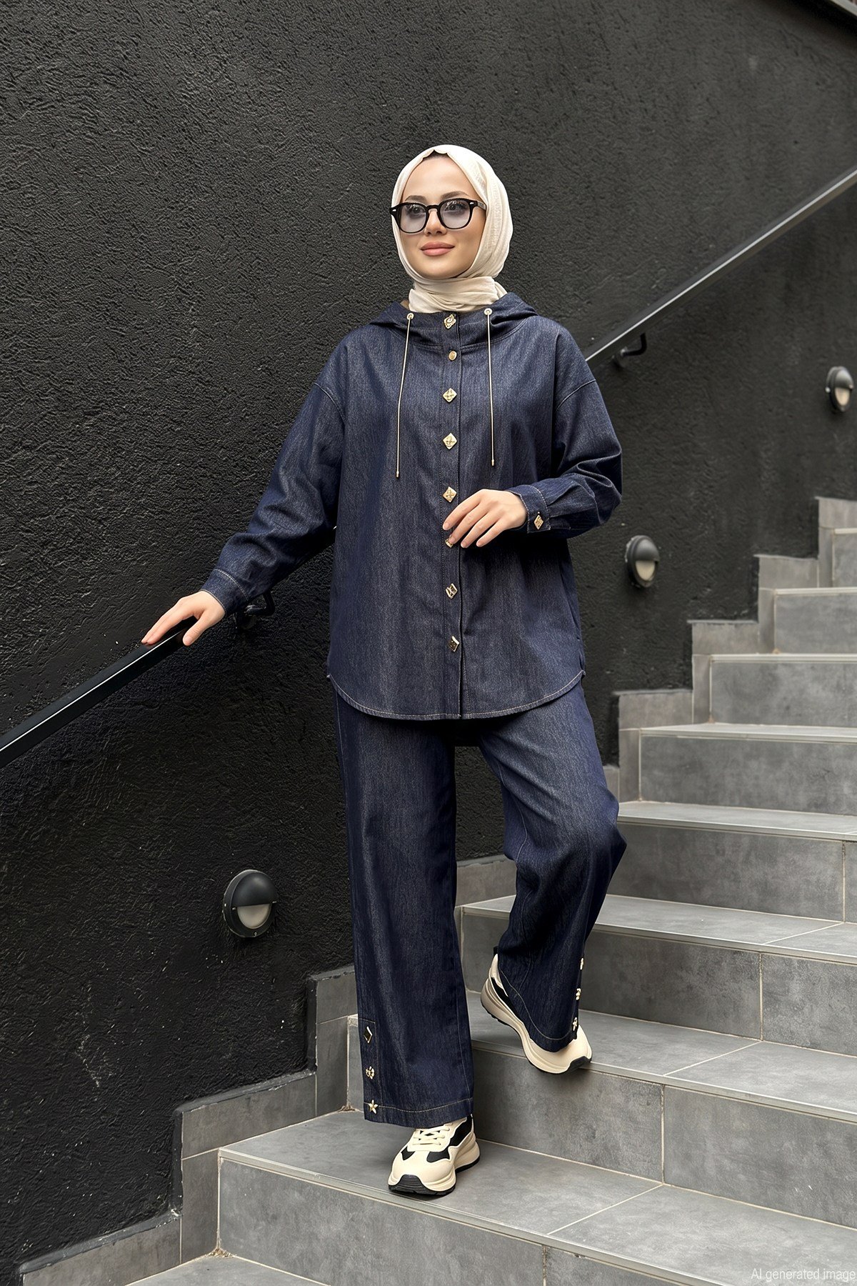 Çıtçıtları Farklı Kapüşonlu Örme Denim Kap Ceket ve Bol Paça Pantolonlu Takım 110 Orijinal