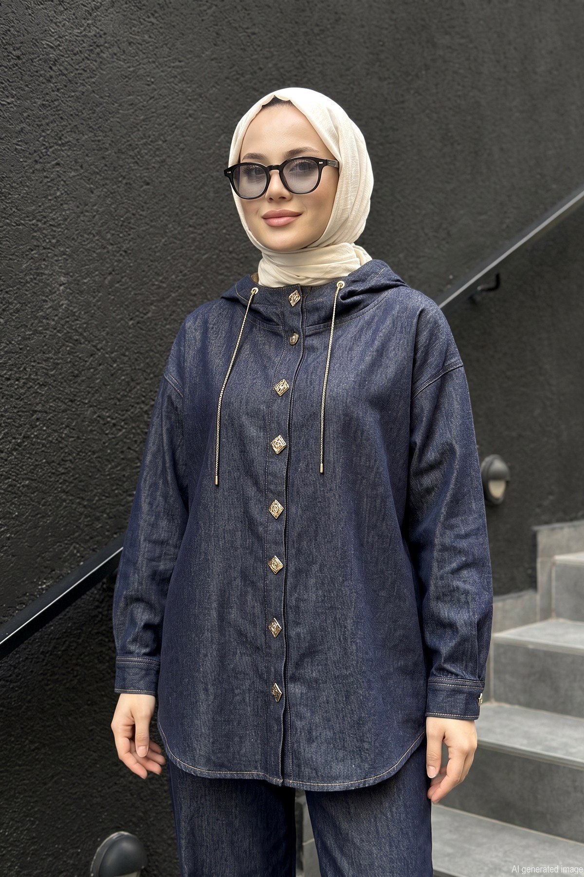 Çıtçıtları Farklı Kapüşonlu Örme Denim Kap Ceket ve Bol Paça Pantolonlu Takım 110 Orijinal