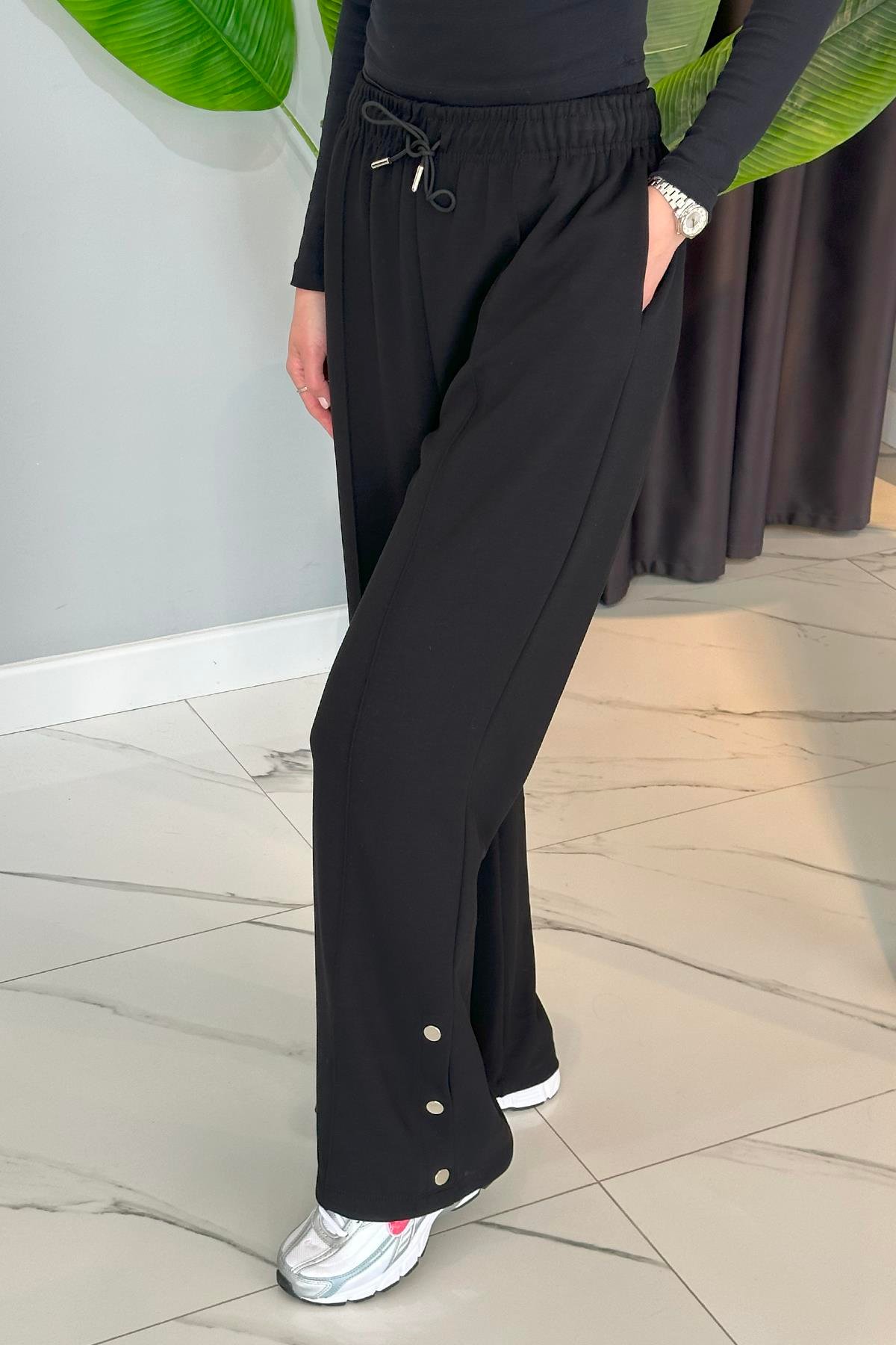 Çıtçıtlı Geniş Paça Pantolon 33671 Siyah