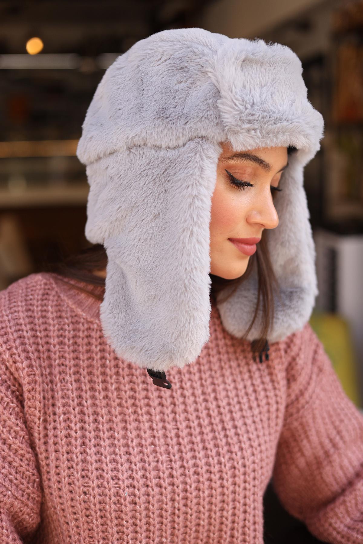 Çıtçıtlı Kürklü Kulaklıklı Peluş Bere Şapka RKŞ-03 Gri