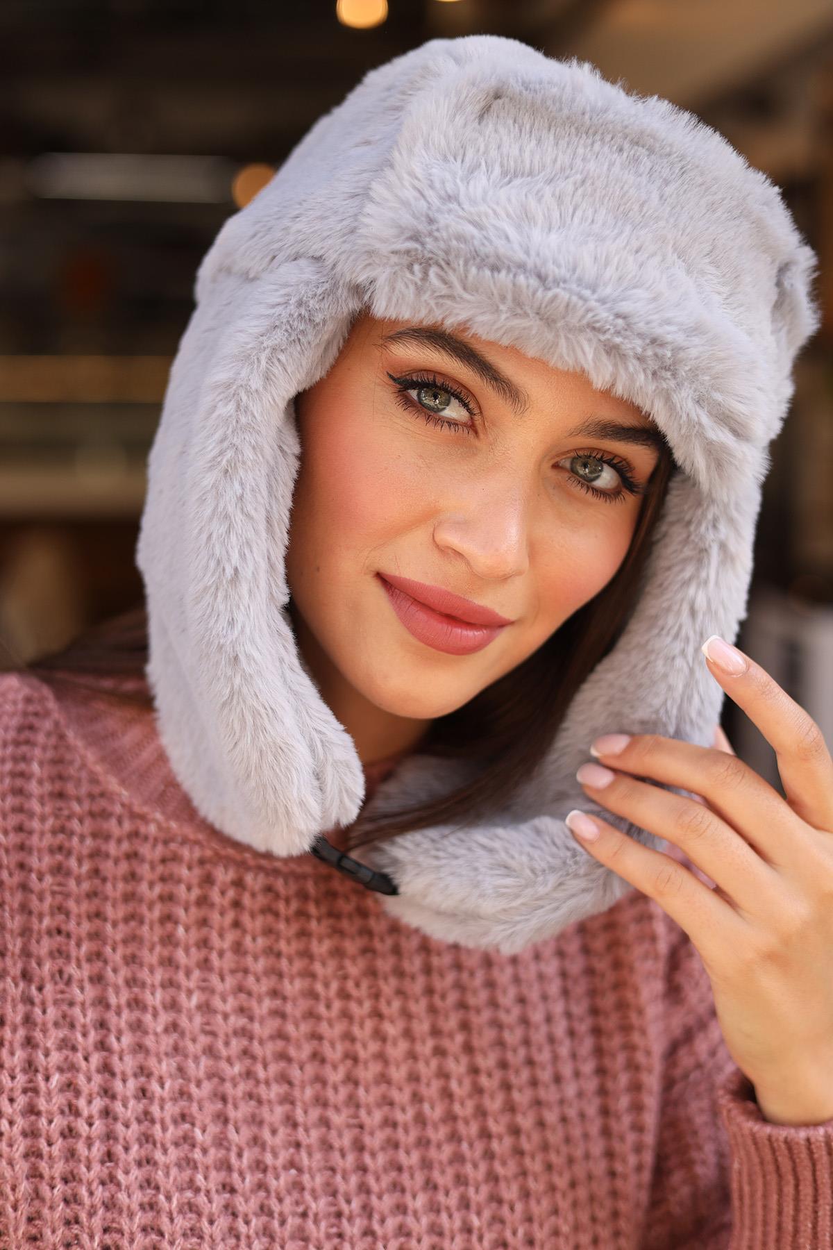 Çıtçıtlı Kürklü Kulaklıklı Peluş Bere Şapka RKŞ-03 Gri