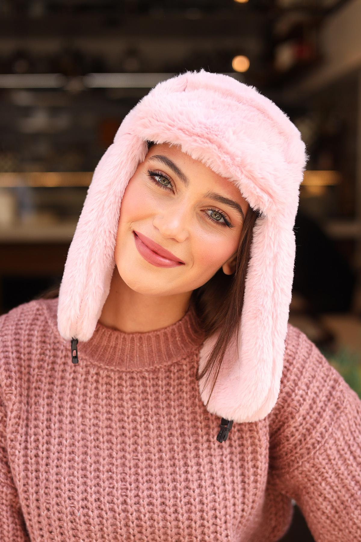 Çıtçıtlı Kürklü Kulaklıklı Peluş Bere Şapka RKŞ-03 Pudra