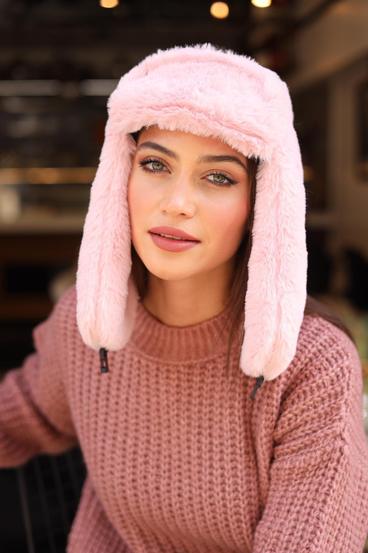 Çıtçıtlı Kürklü Kulaklıklı Peluş Bere Şapka RKŞ-03 Pudra