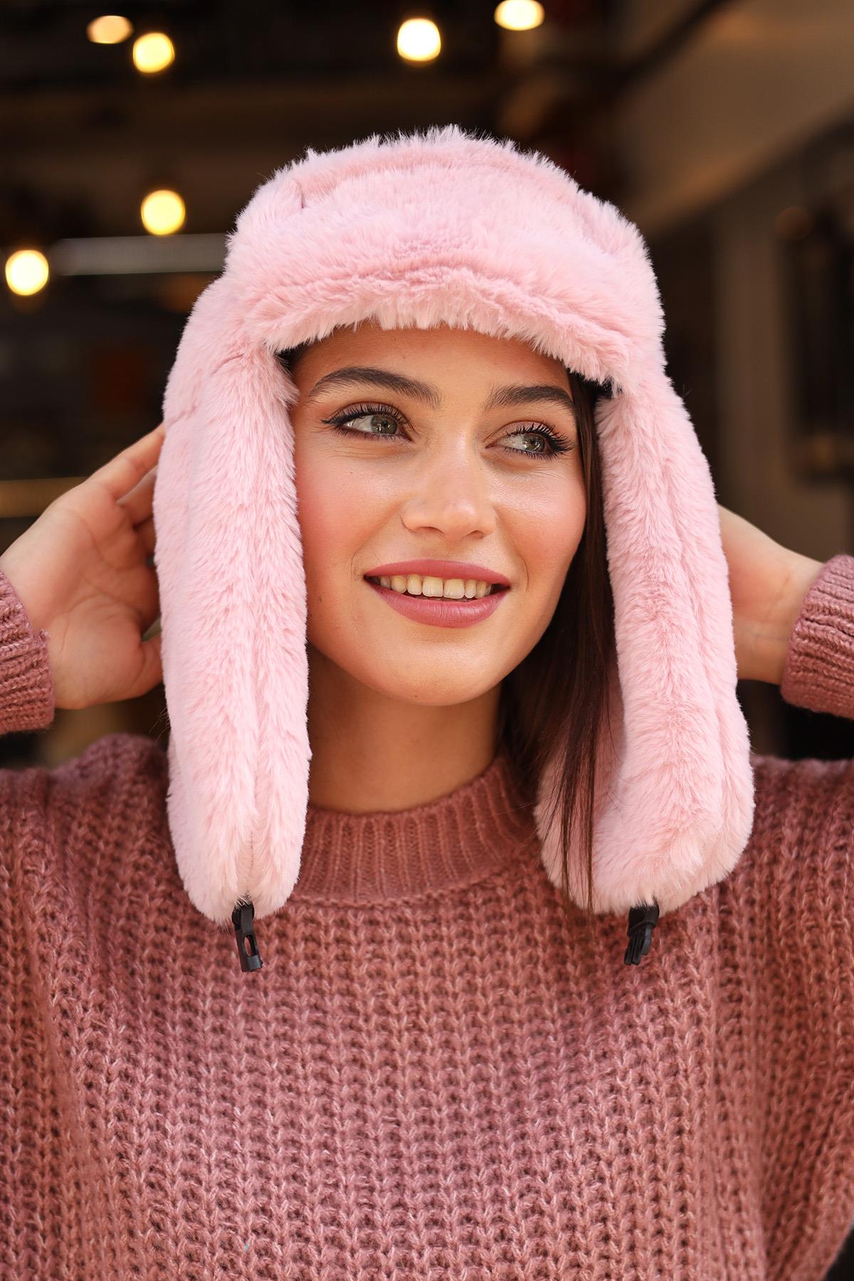 Çıtçıtlı Kürklü Kulaklıklı Peluş Bere Şapka RKŞ-03 Pudra