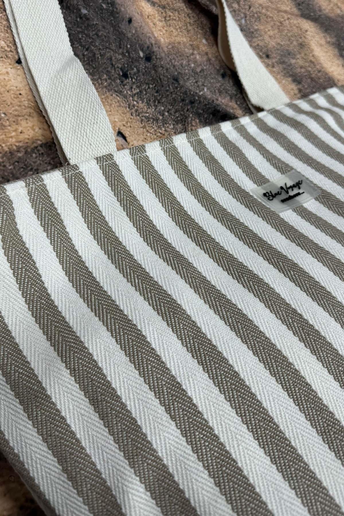 Çizgili Pamuk Plaj Çantası Bej