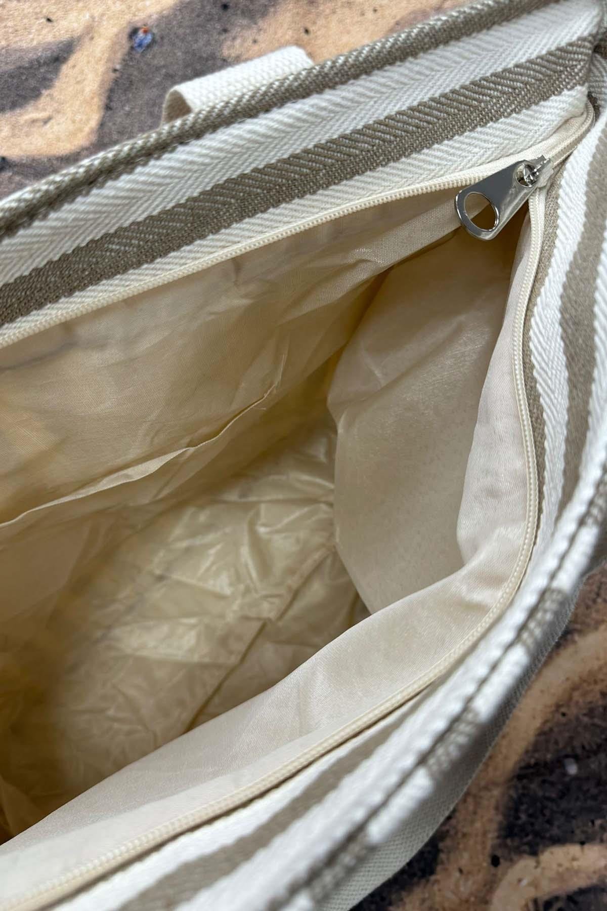 Çizgili Pamuk Plaj Çantası Bej