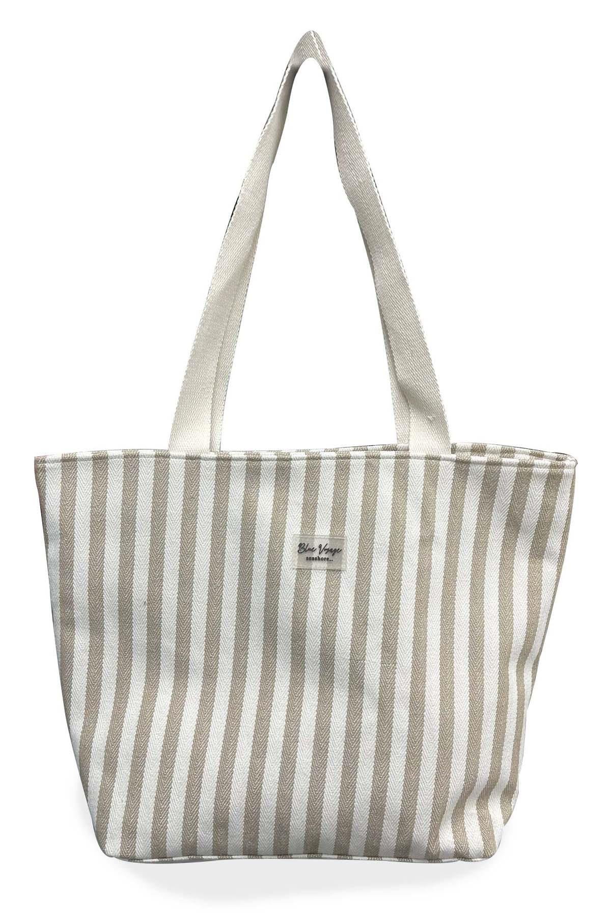 Çizgili Pamuk Plaj Çantası Bej