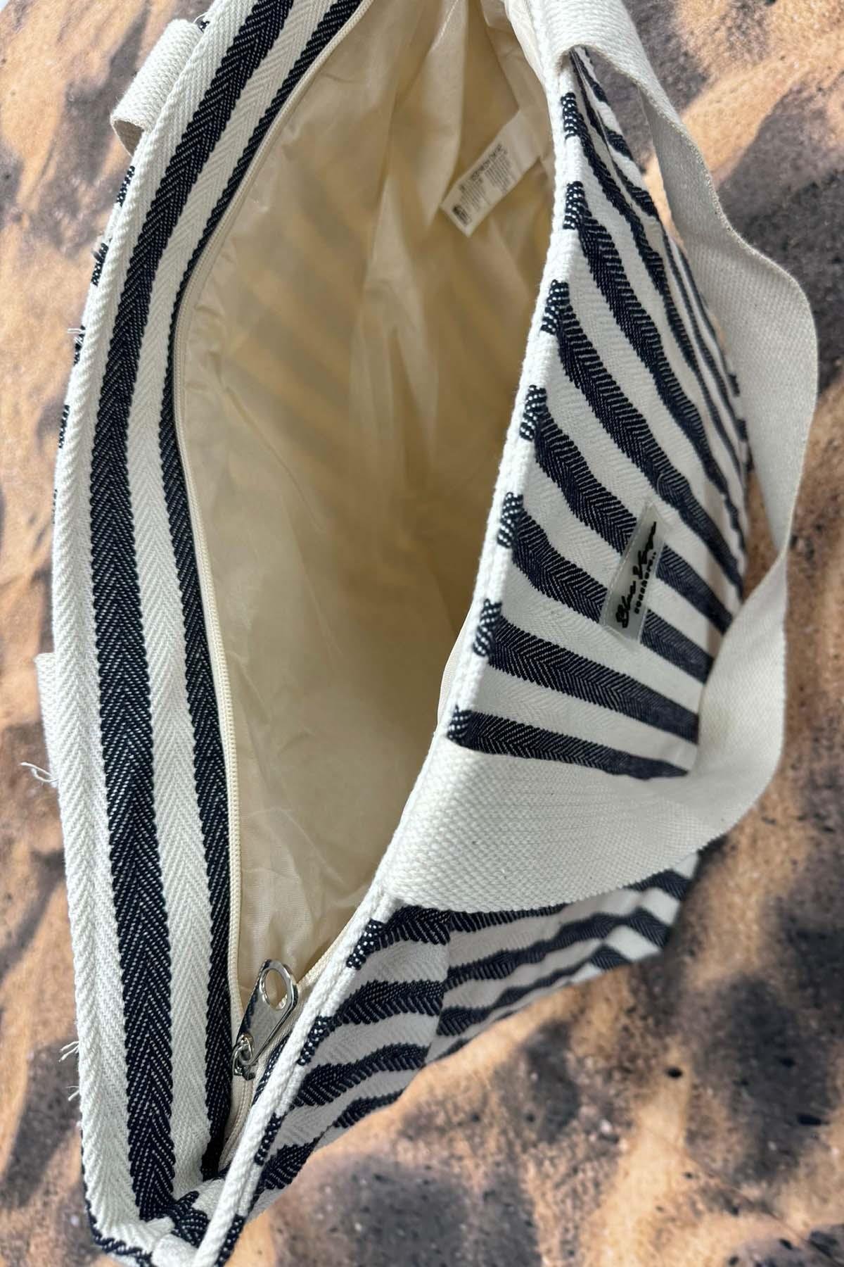 Çizgili Pamuk Plaj Çantası Koyu Lacivert