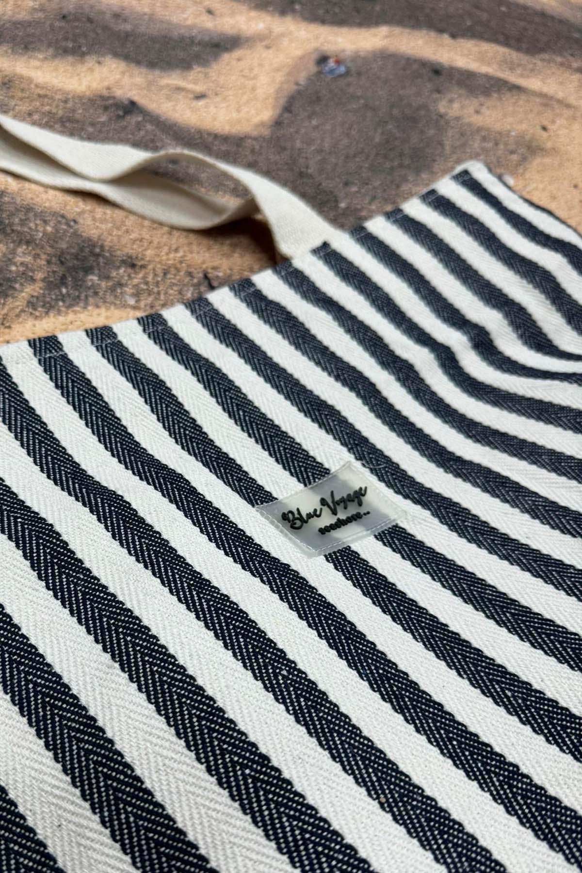 Çizgili Pamuk Plaj Çantası Koyu Lacivert