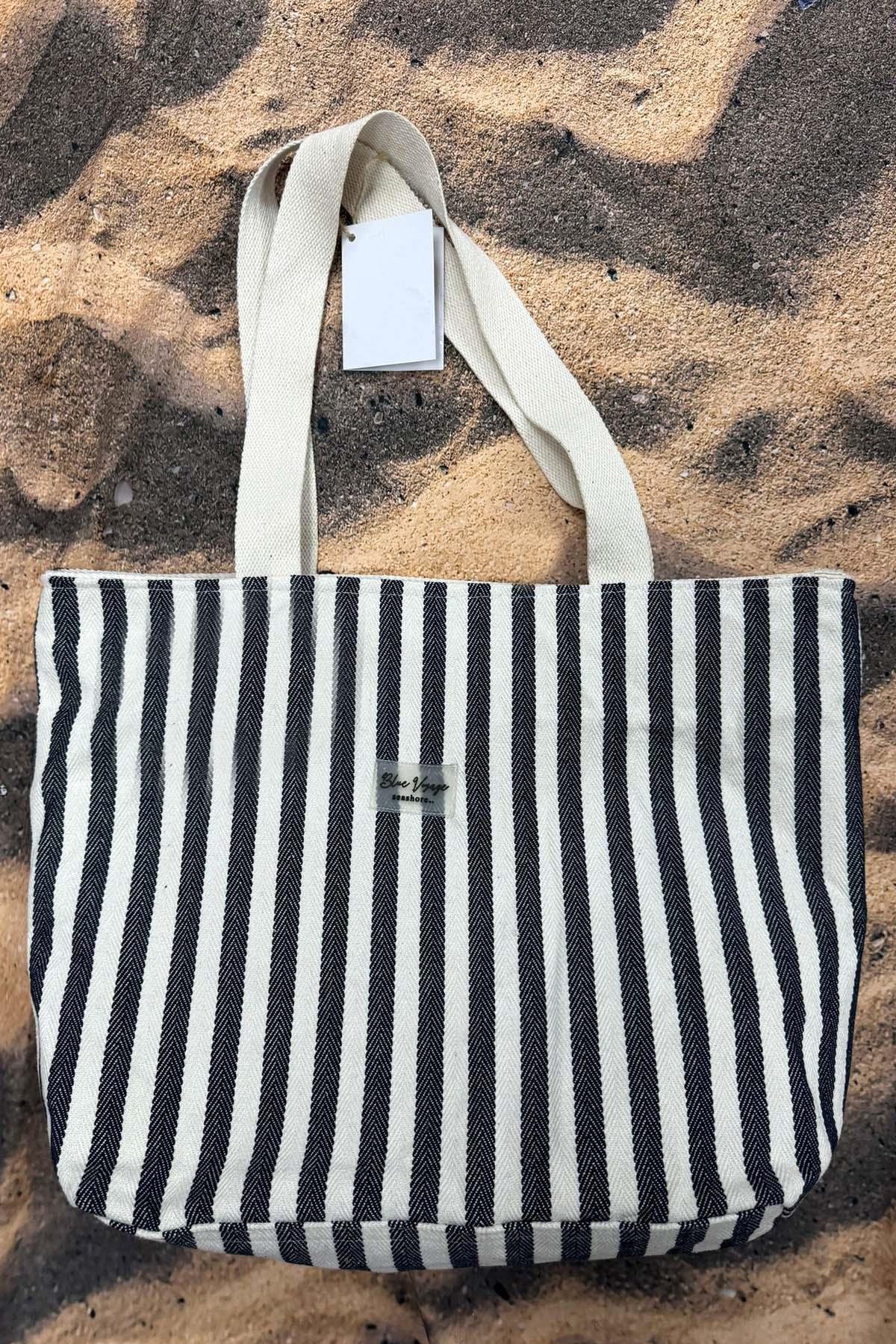Çizgili Pamuk Plaj Çantası Koyu Lacivert