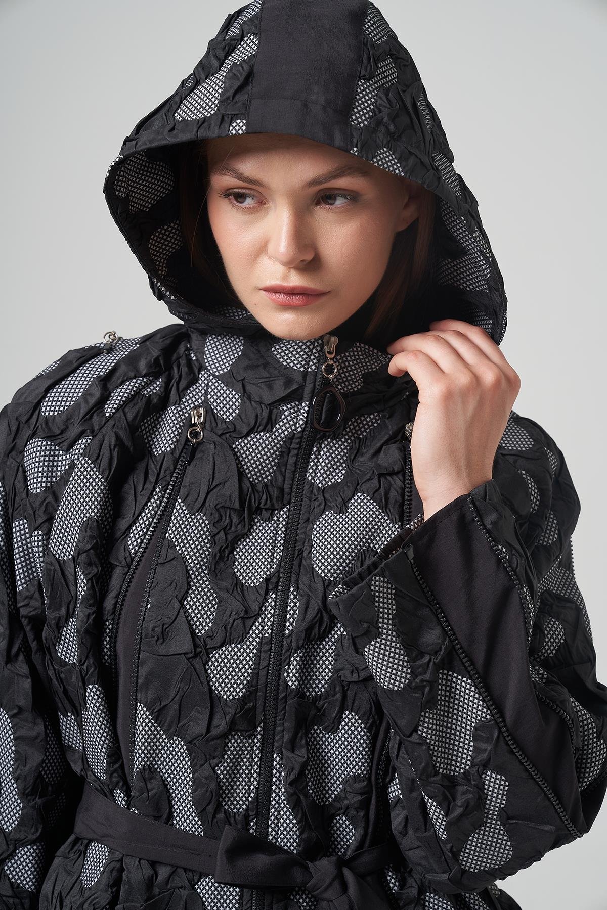 Çok Fermuarlı Kamuflaj Desen Kap Ceket 6859 Siyah