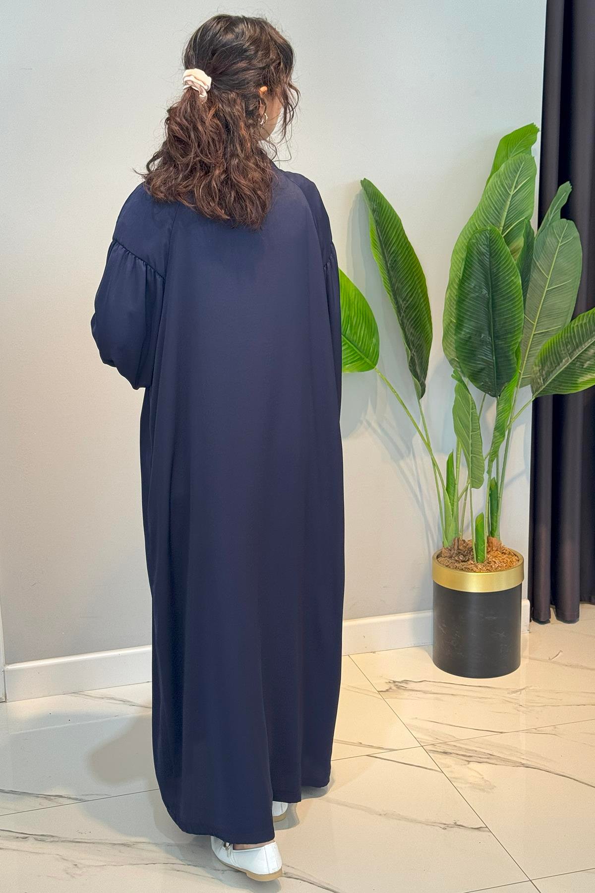 Cupra Kumaş  Kolları Büzgülü Kaftan 58102 Lacivert