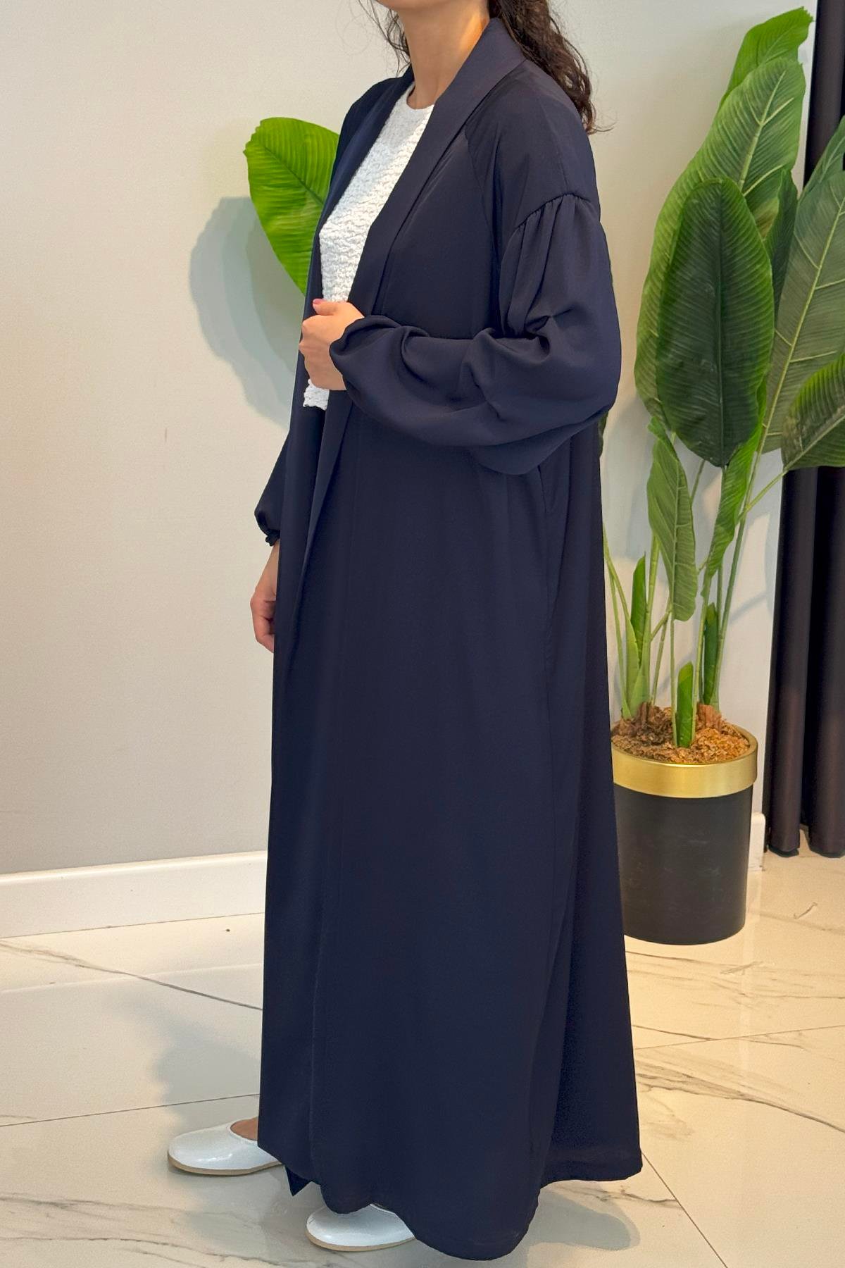 Cupra Kumaş  Kolları Büzgülü Kaftan 58102 Lacivert