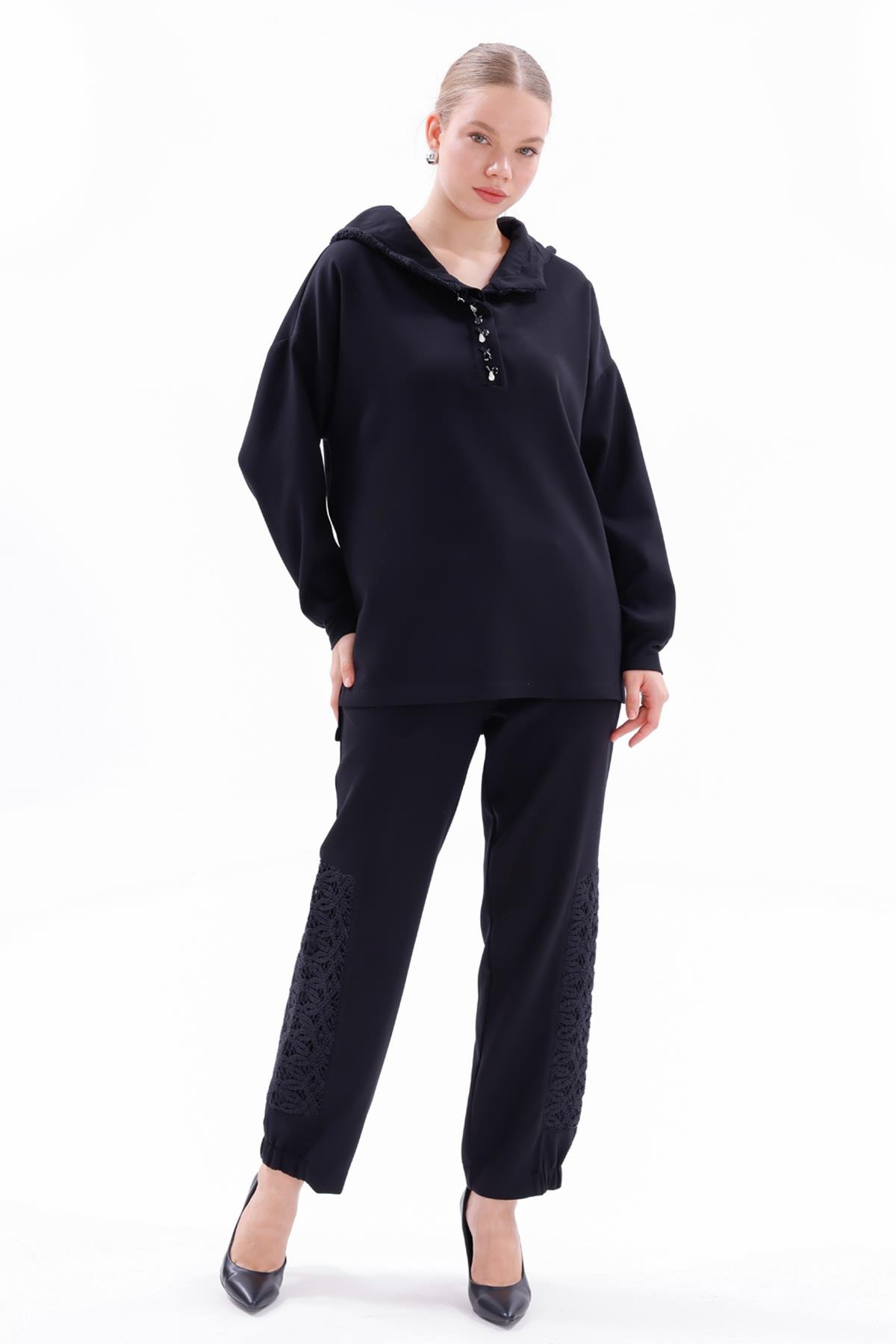 Dantel Detay Tunik Pantolon Takım 19467 Siyah