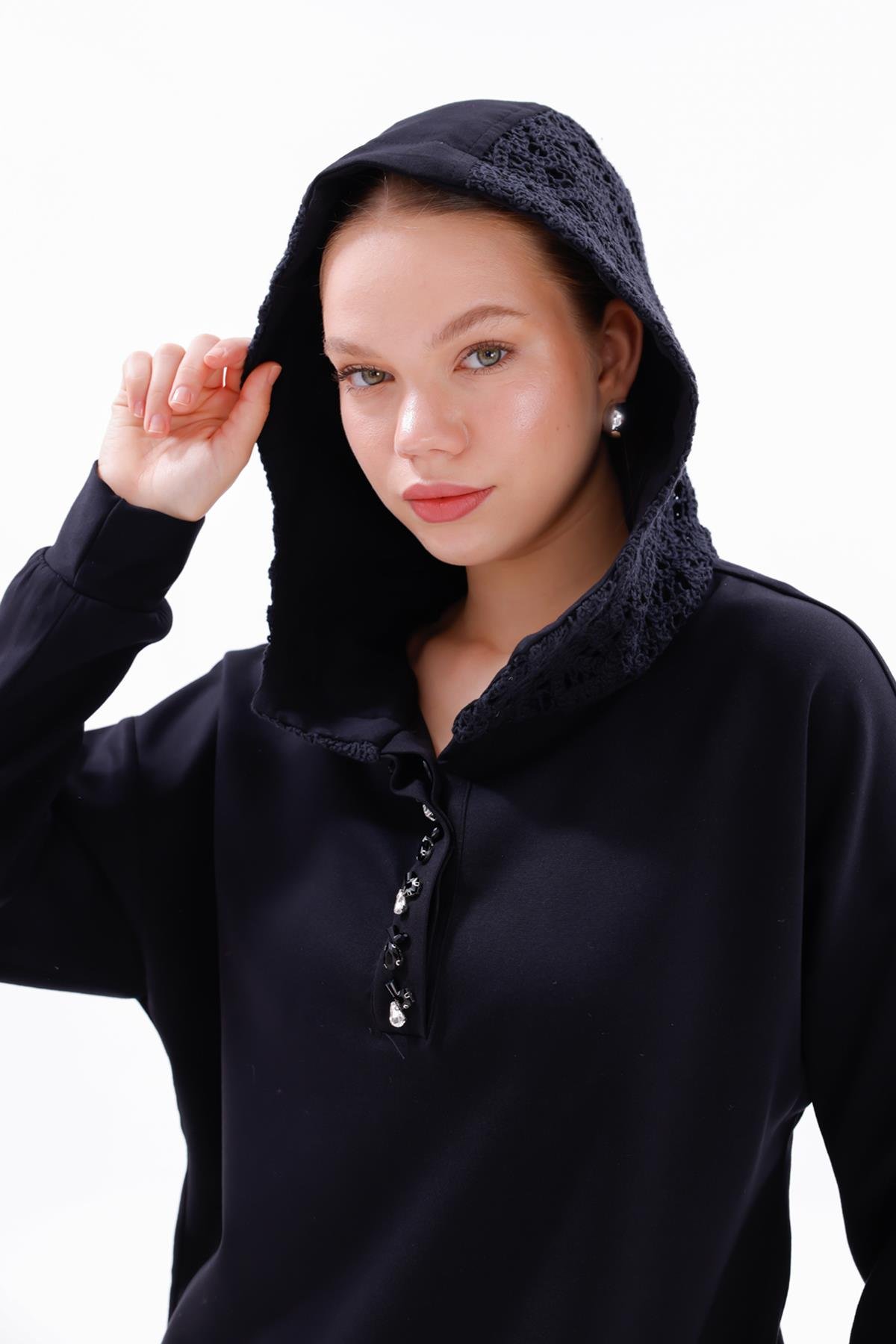 Dantel Detay Tunik Pantolon Takım 19467 Siyah