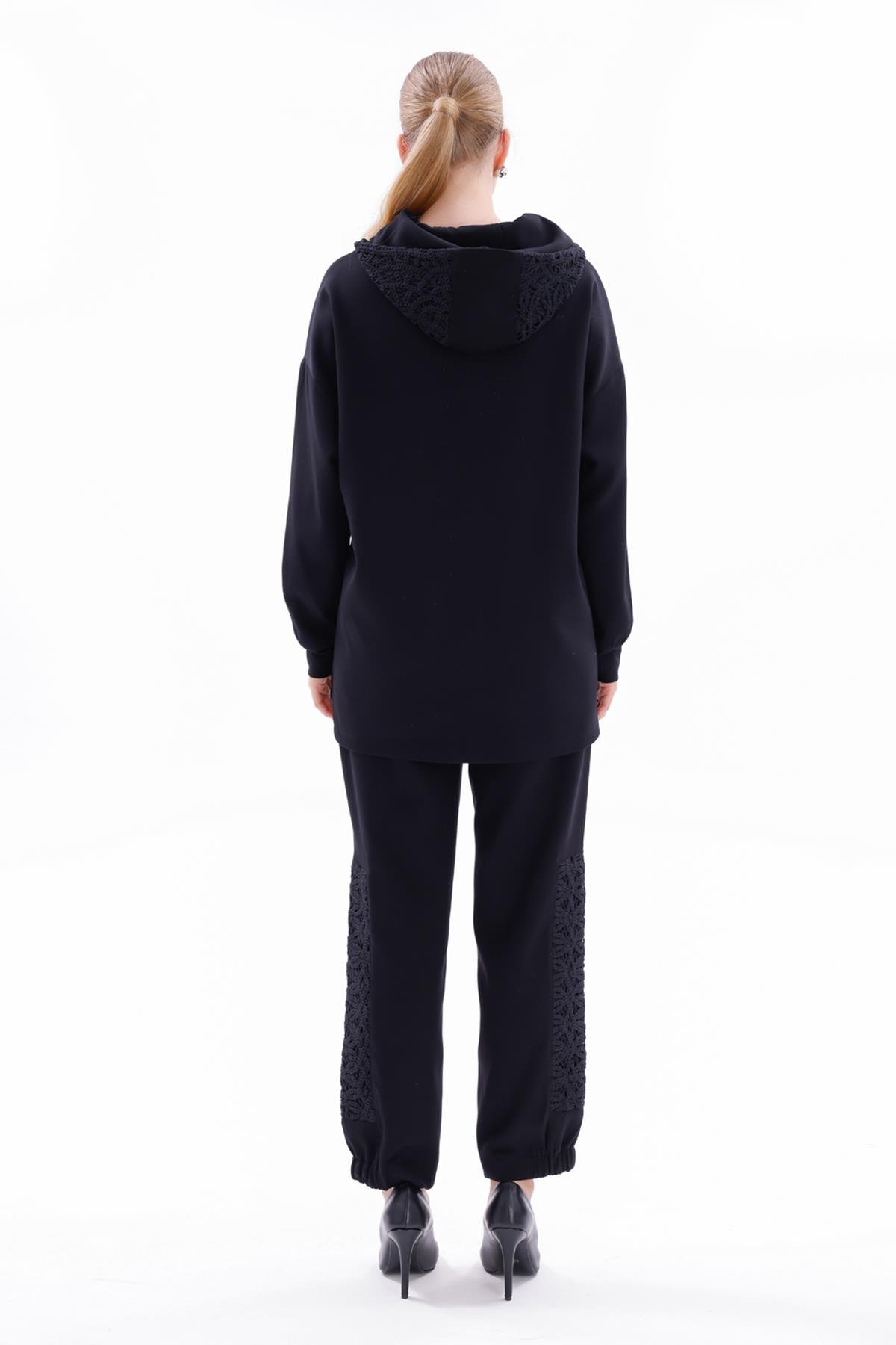 Dantel Detay Tunik Pantolon Takım 19467 Siyah