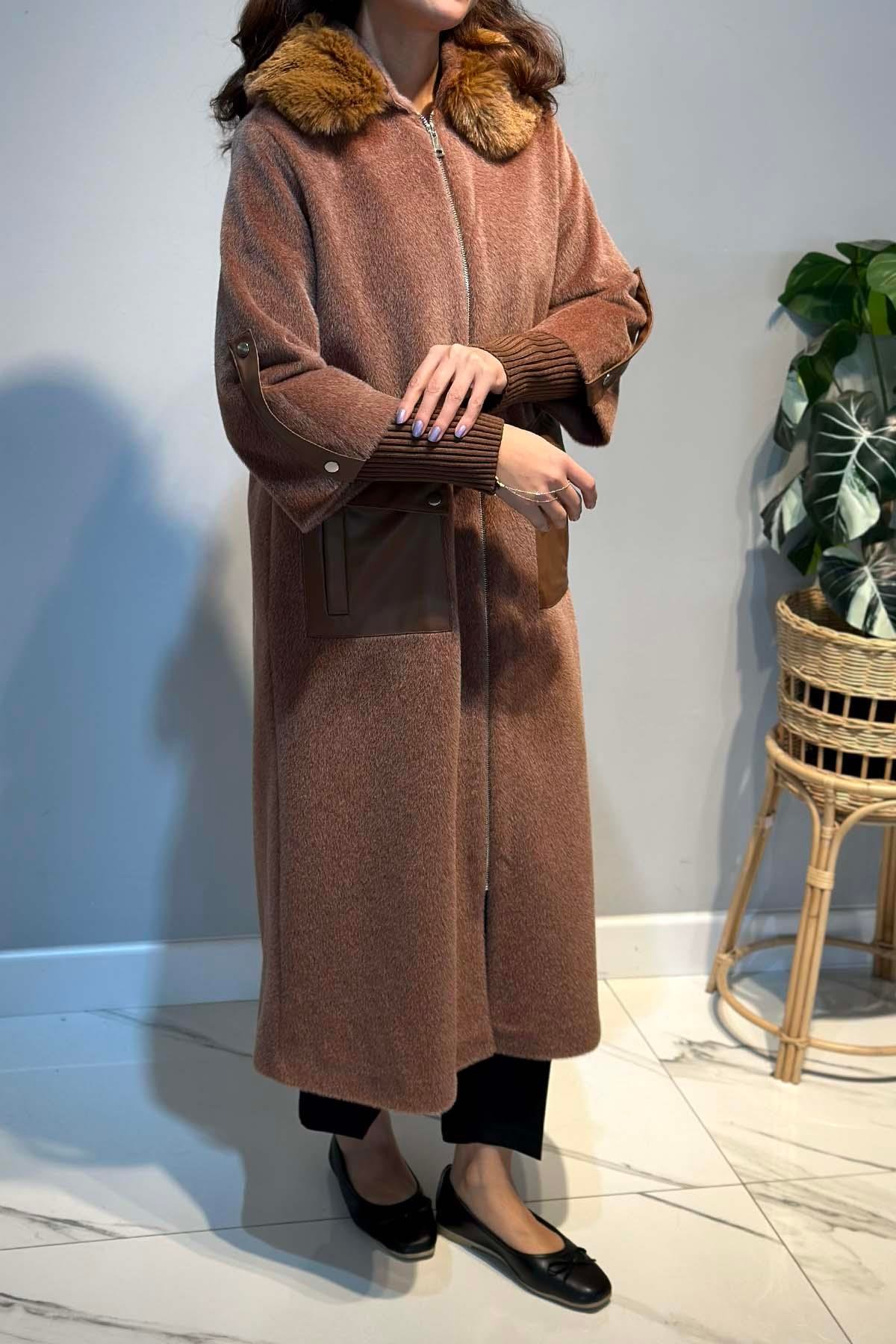 Deri Cep Detay Kürk Kaban 2596 Camel