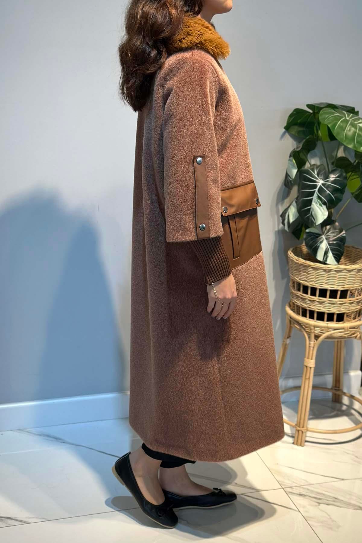 Deri Cep Detay Kürk Kaban 2596 Camel