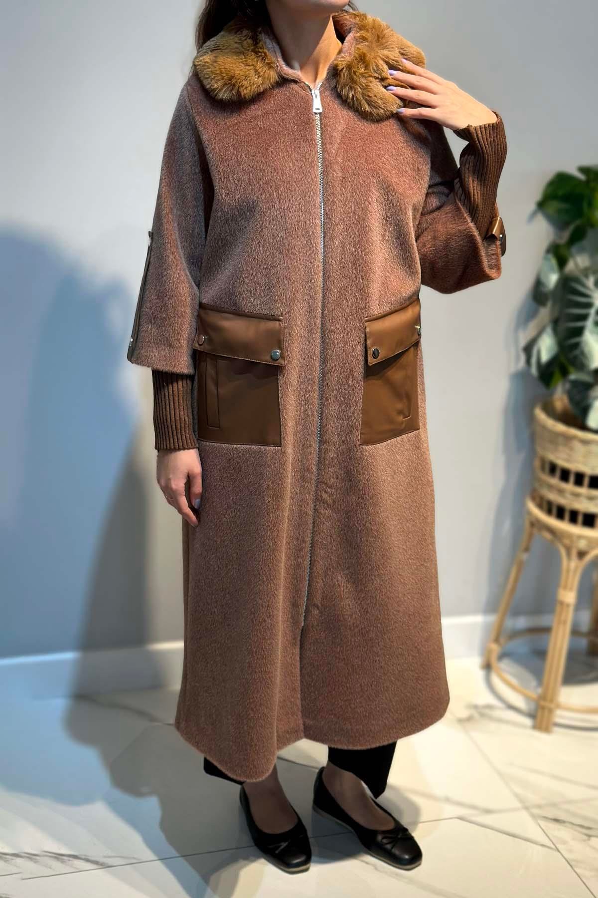 Deri Cep Detay Kürk Kaban 2596 Camel