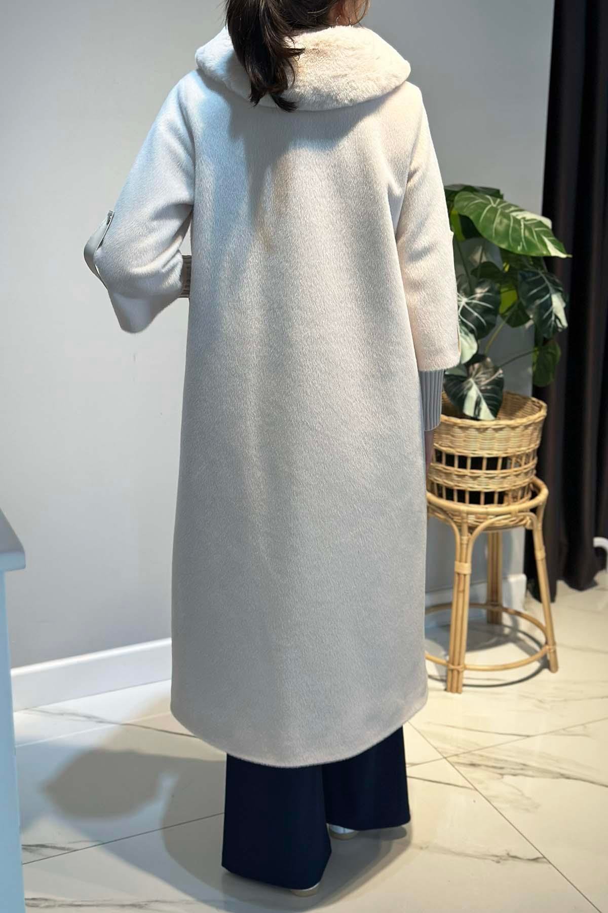 Deri Cep Detay Kürk Kaban 2596 Ekru