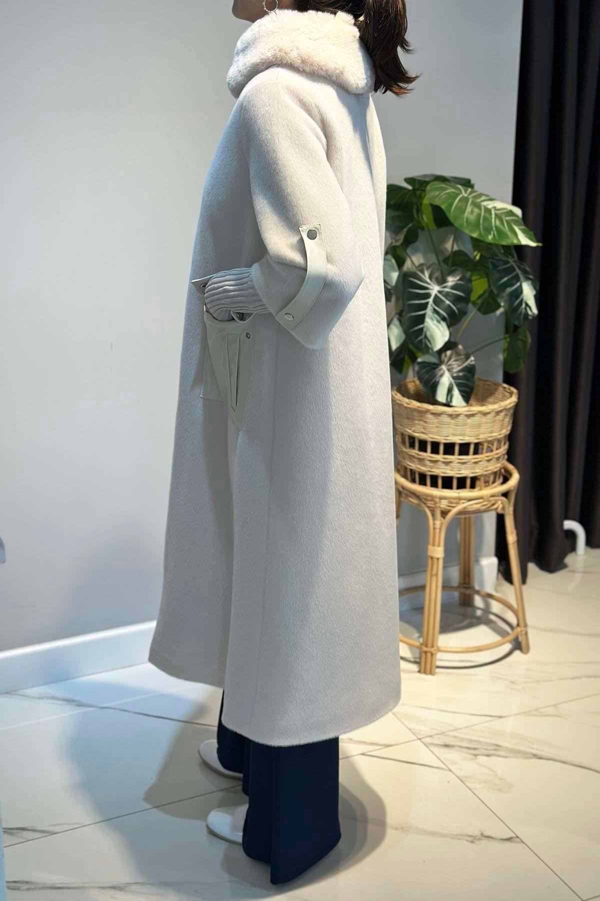 Deri Cep Detay Kürk Kaban 2596 Ekru