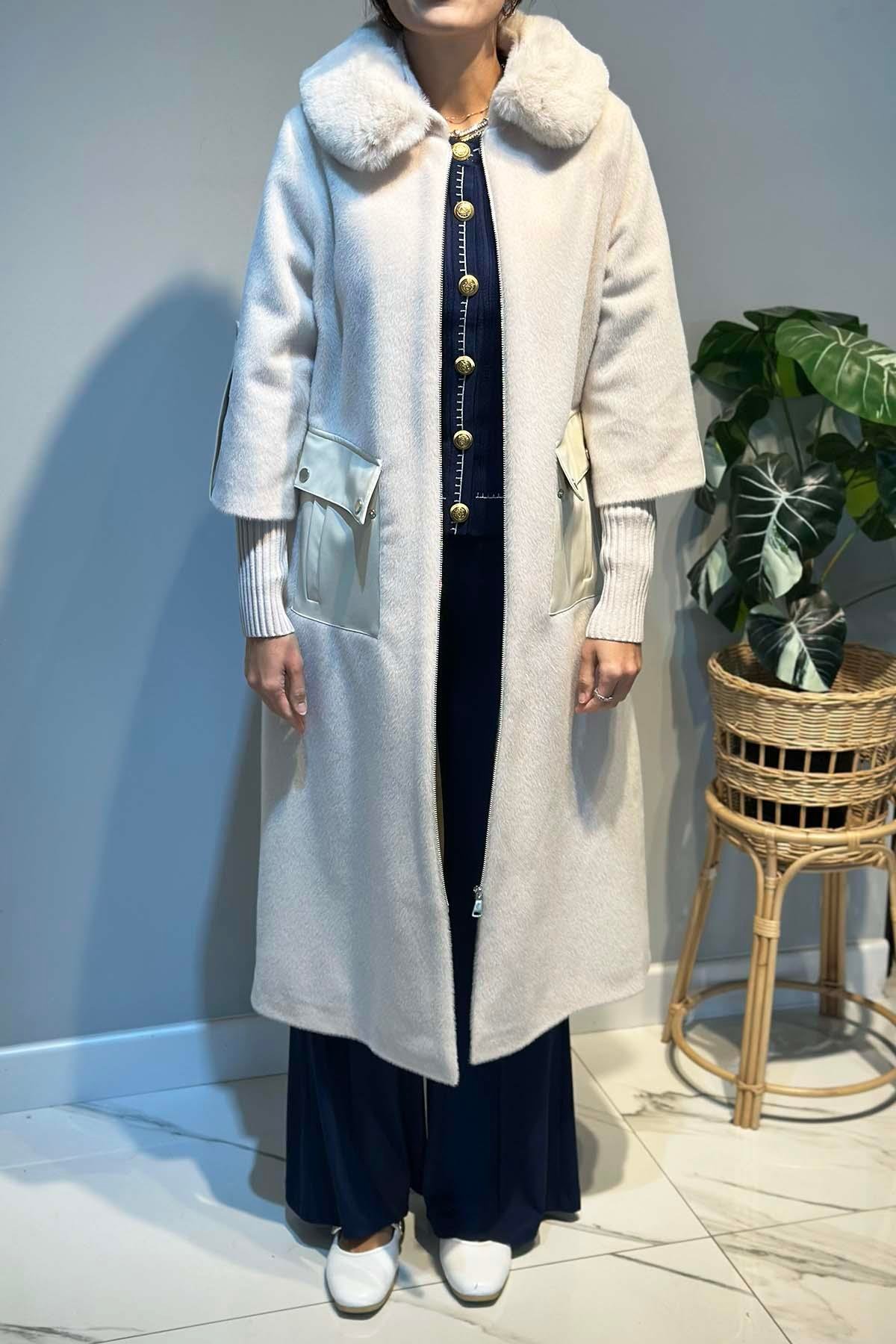 Deri Cep Detay Kürk Kaban 2596 Ekru