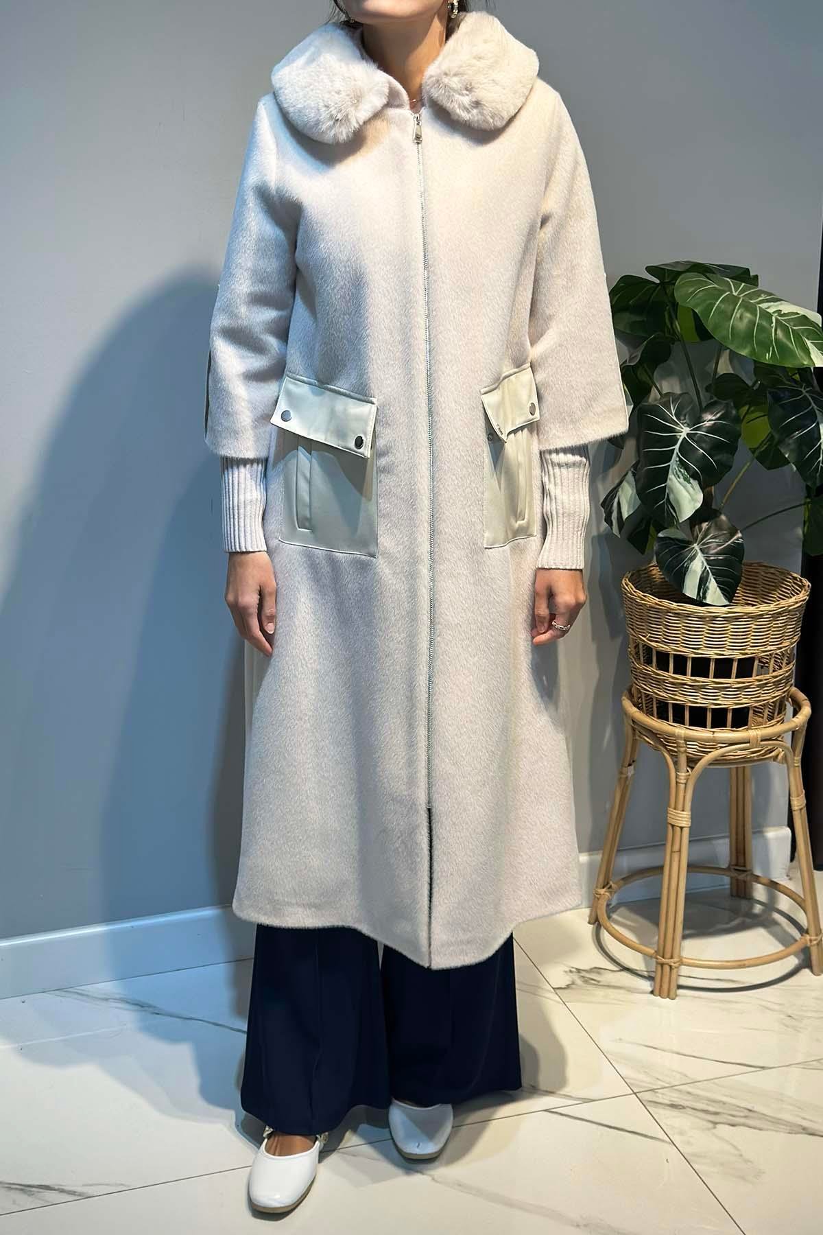 Deri Cep Detay Kürk Kaban 2596 Ekru