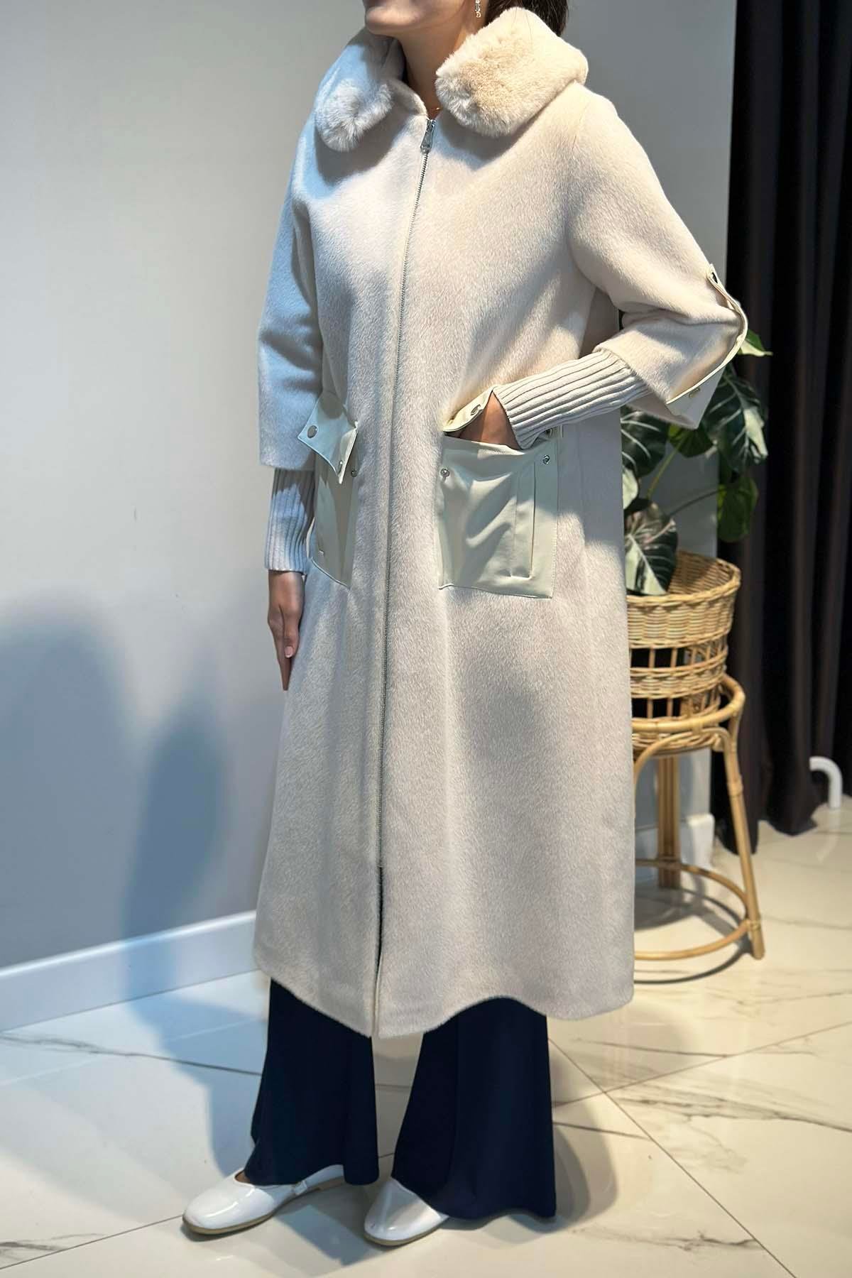 Deri Cep Detay Kürk Kaban 2596 Ekru