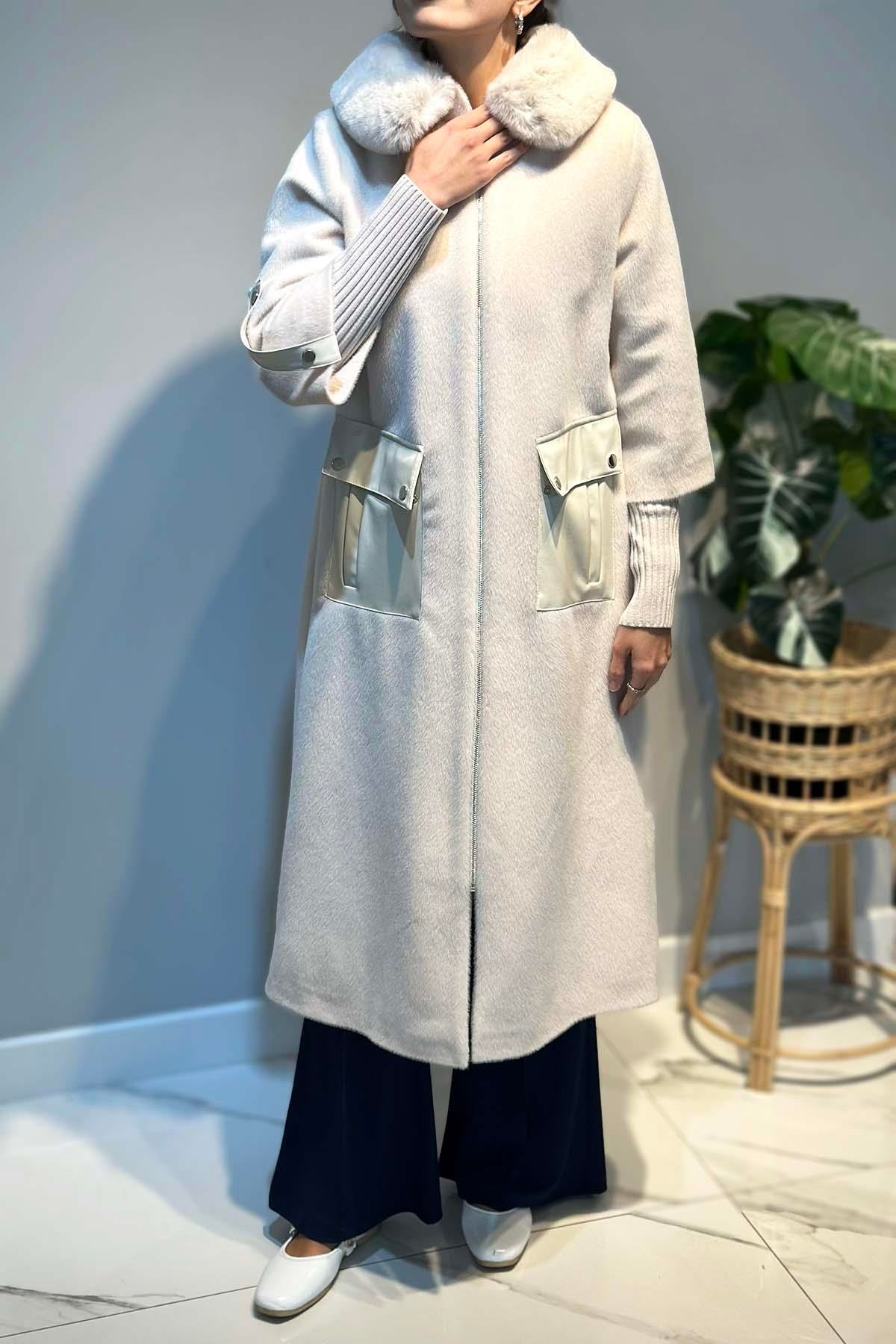 Deri Cep Detay Kürk Kaban 2596 Ekru