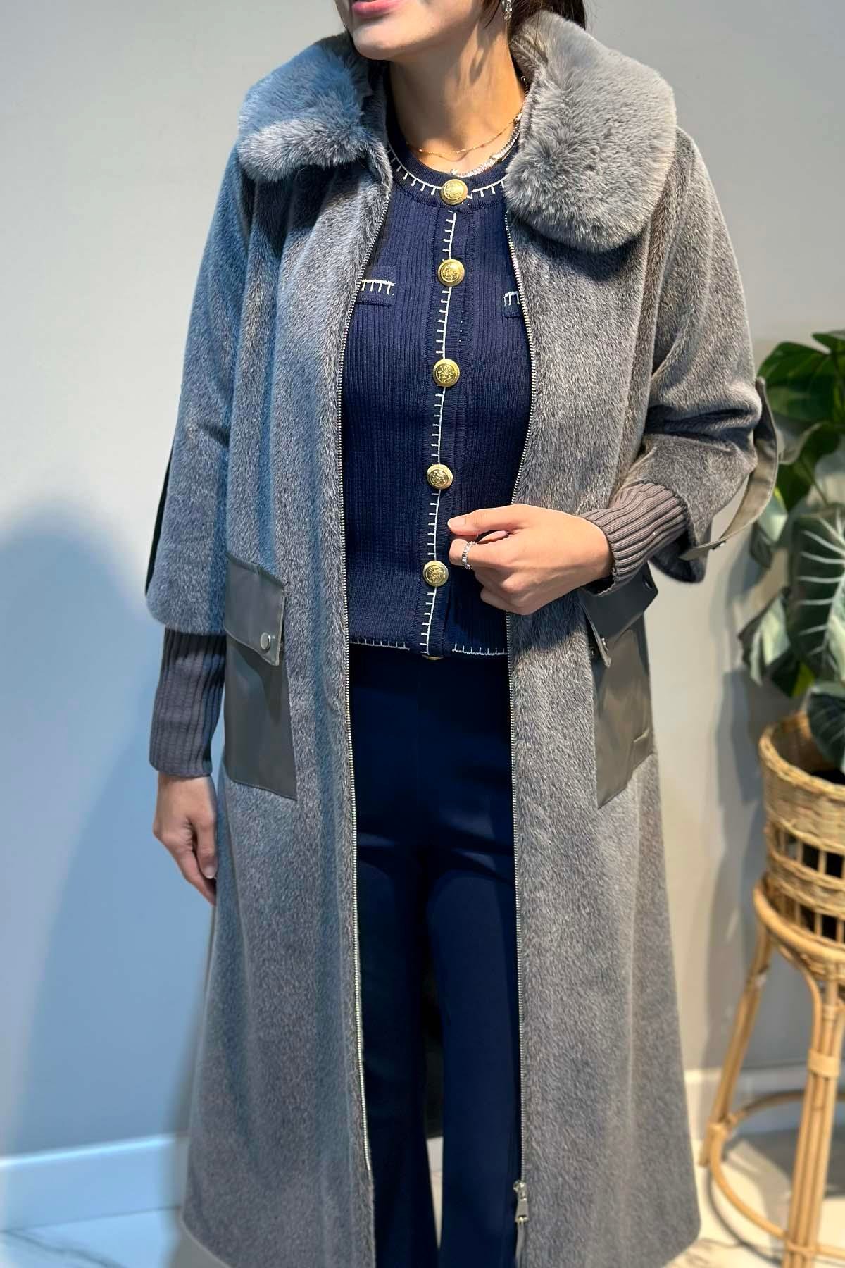 Deri Cep Detay Kürk Kaban 2596 Gri