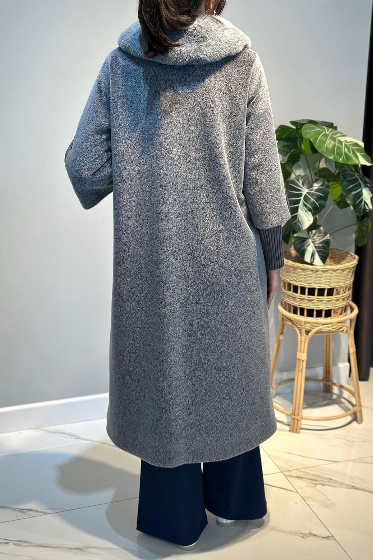 Deri Cep Detay Kürk Kaban 2596 Gri