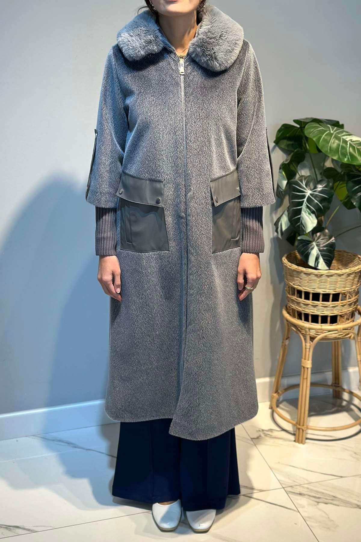 Deri Cep Detay Kürk Kaban 2596 Gri