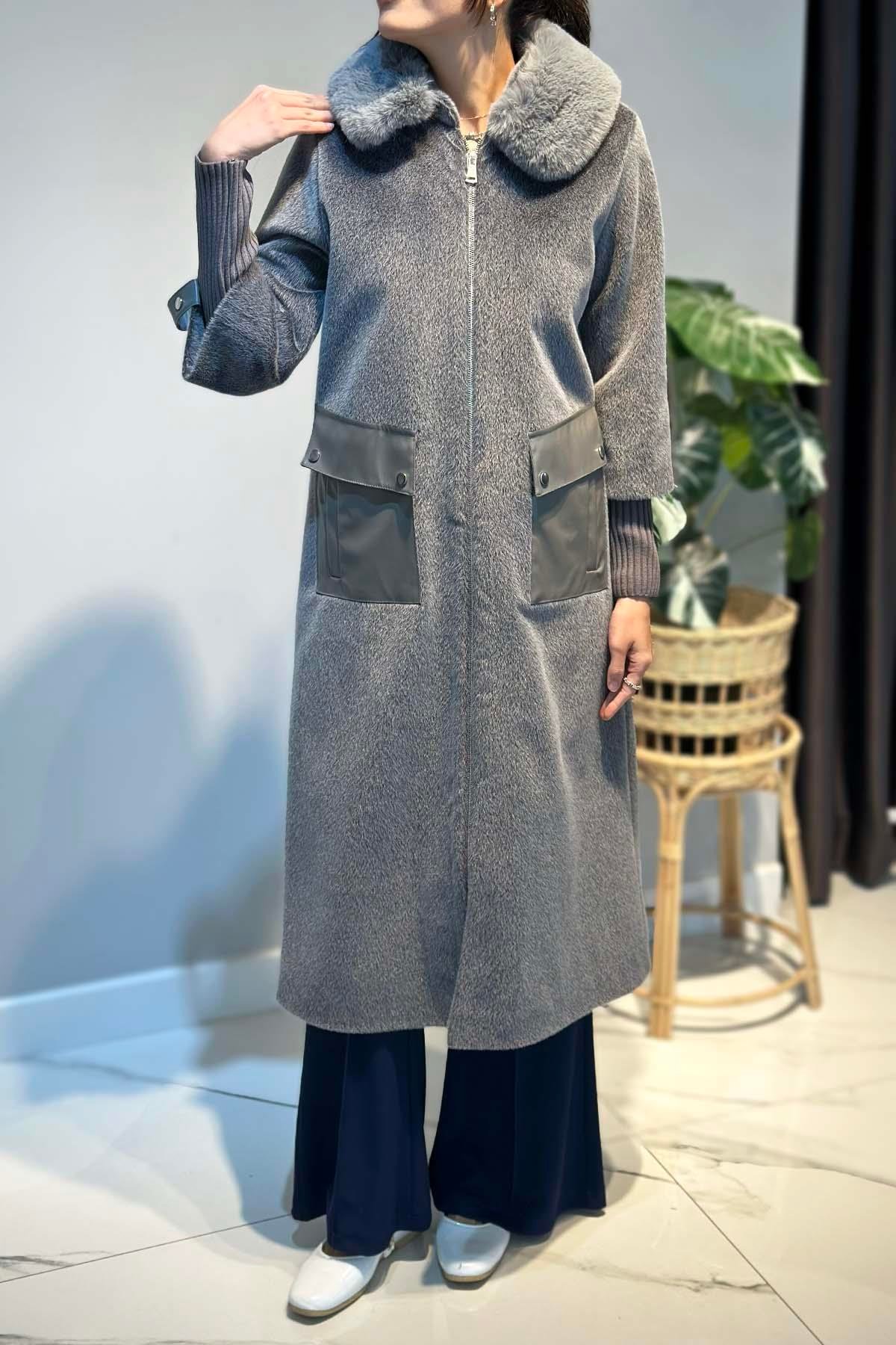 Deri Cep Detay Kürk Kaban 2596 Gri