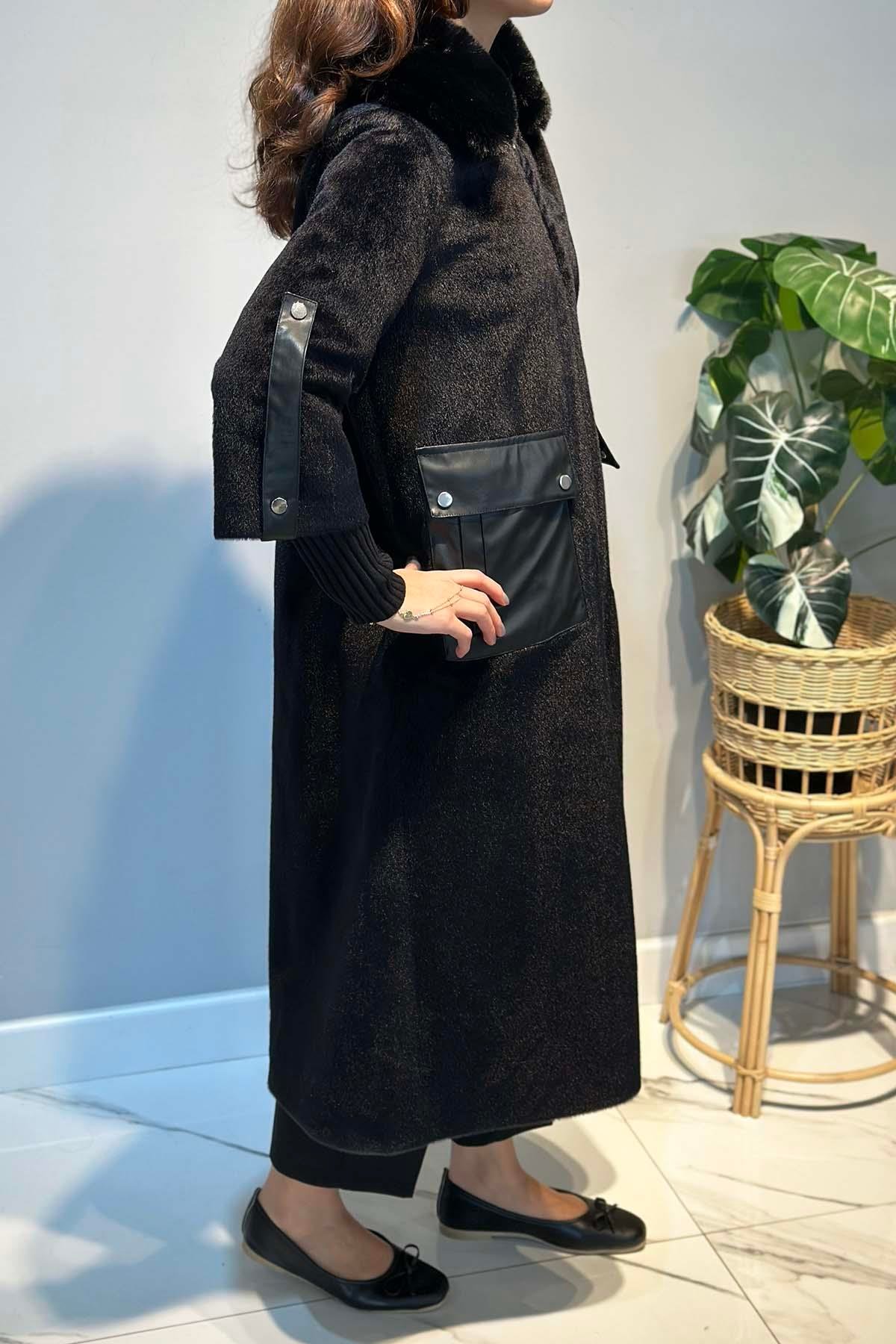 Deri Cep Detay Kürk Kaban 2596 Siyah