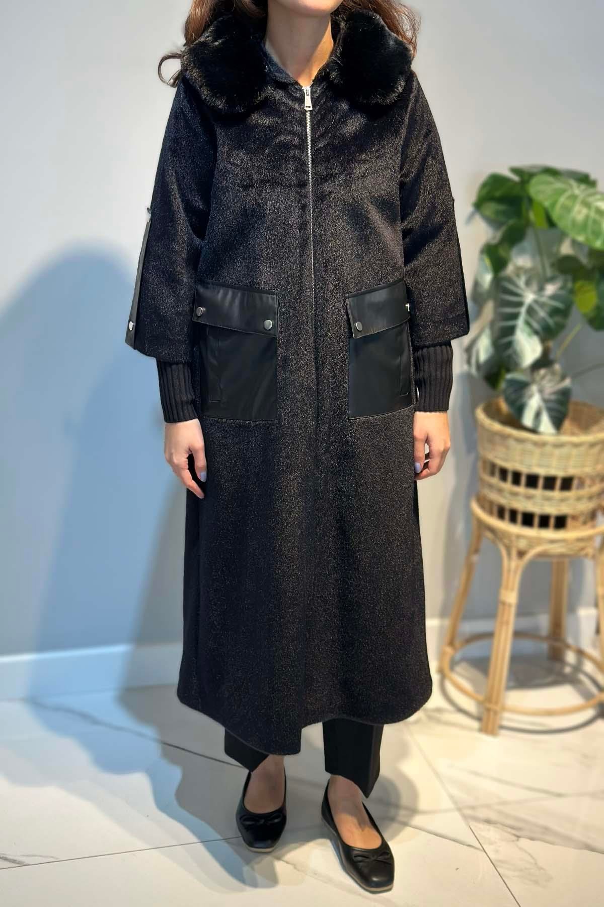 Deri Cep Detay Kürk Kaban 2596 Siyah