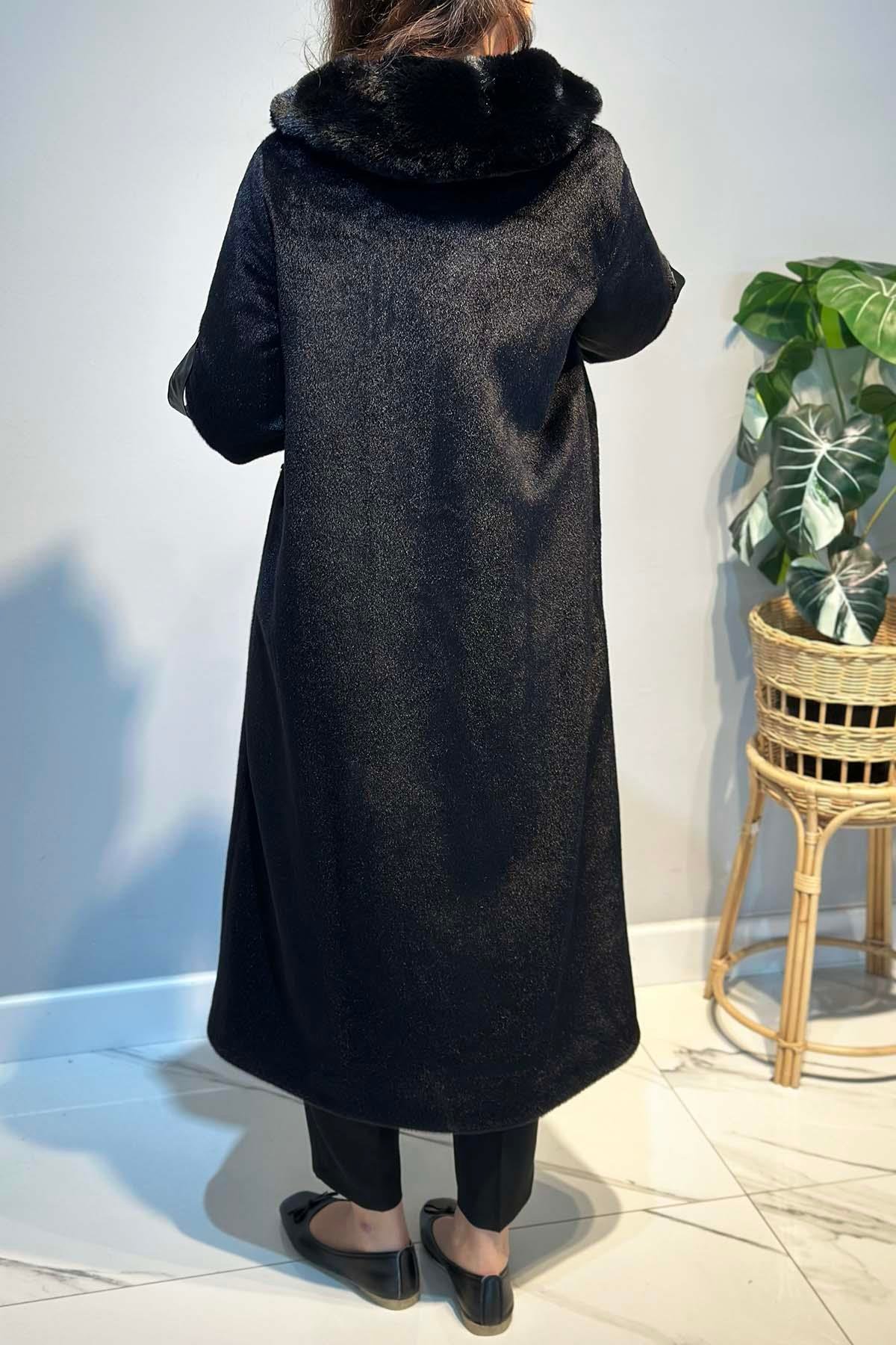 Deri Cep Detay Kürk Kaban 2596 Siyah