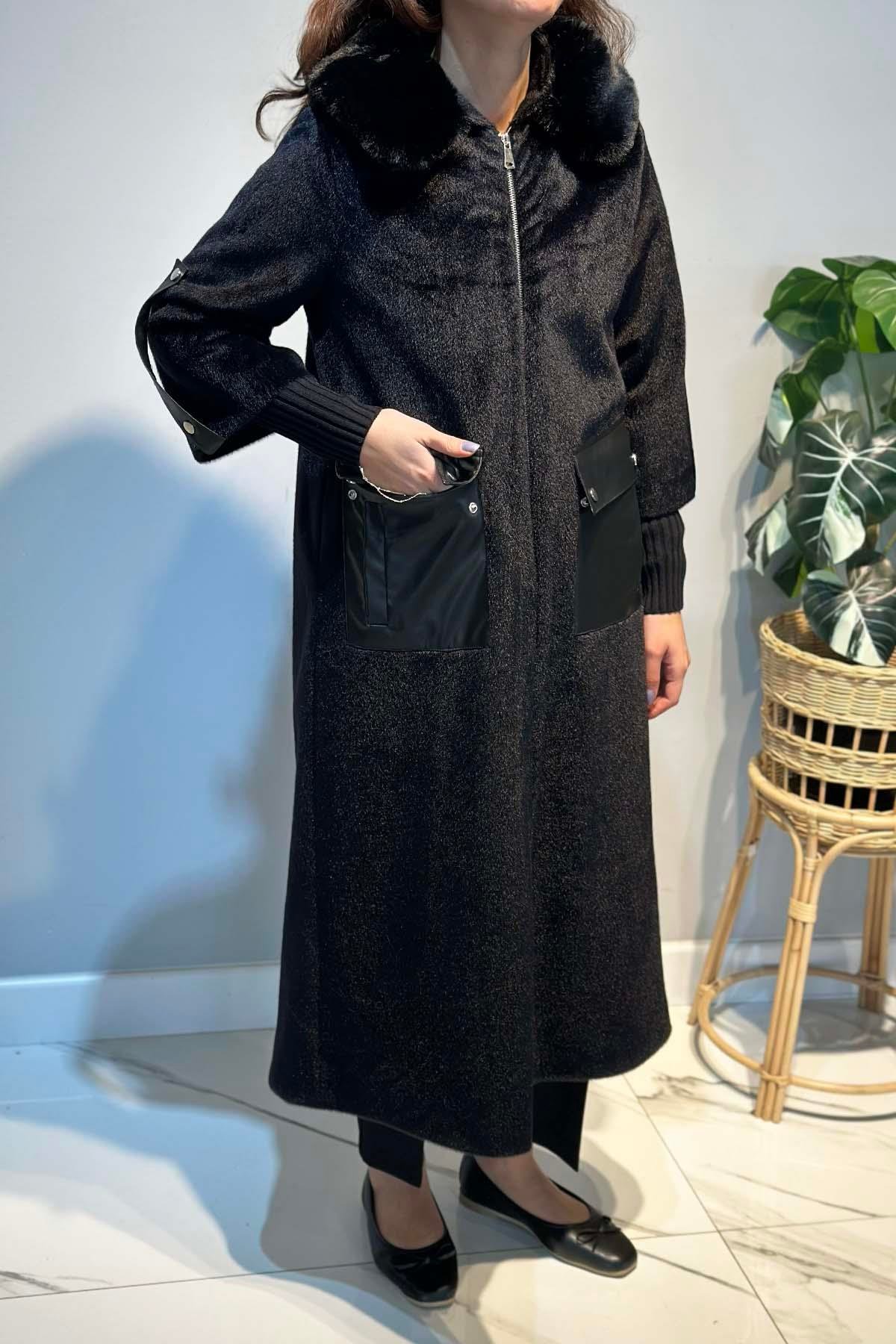 Deri Cep Detay Kürk Kaban 2596 Siyah