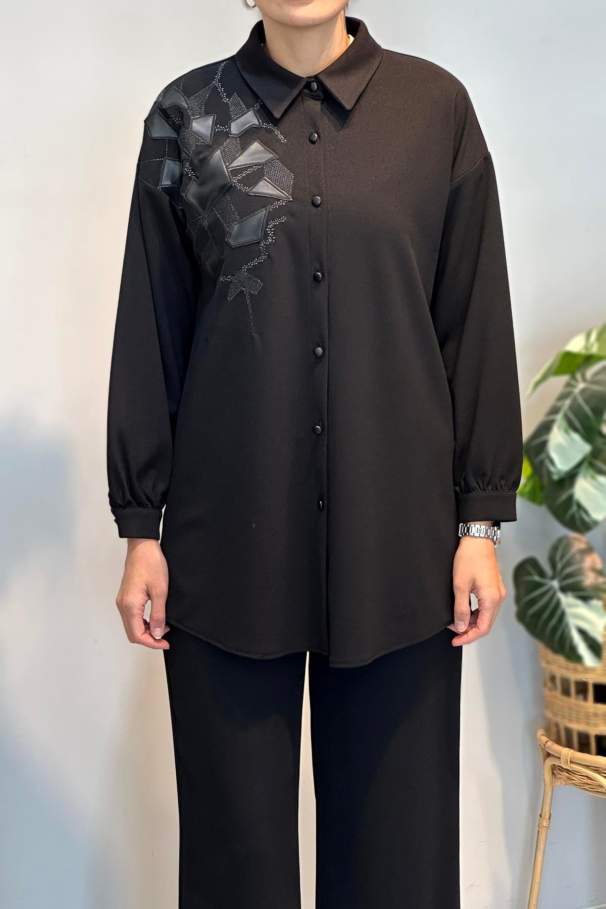 Deri Nakış Detay Tunik 19320 Siyah