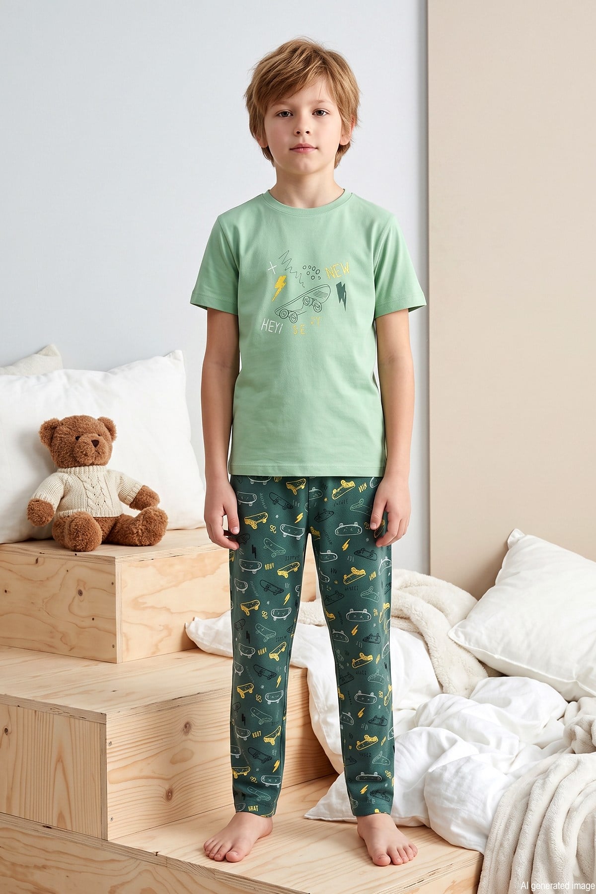 Desenli Erkek Çocuk Önü Düğmeli Süprem Pamuklu Pijama Takımı 260377 Yeşil