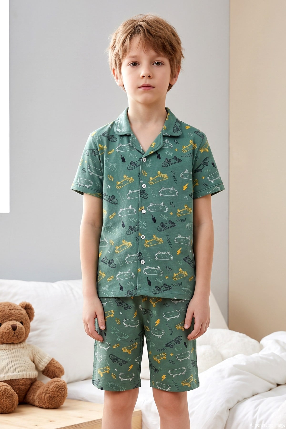 Desenli Erkek Çocuk Süprem Pamuklu Pijama Takımı  260357 Yeşil