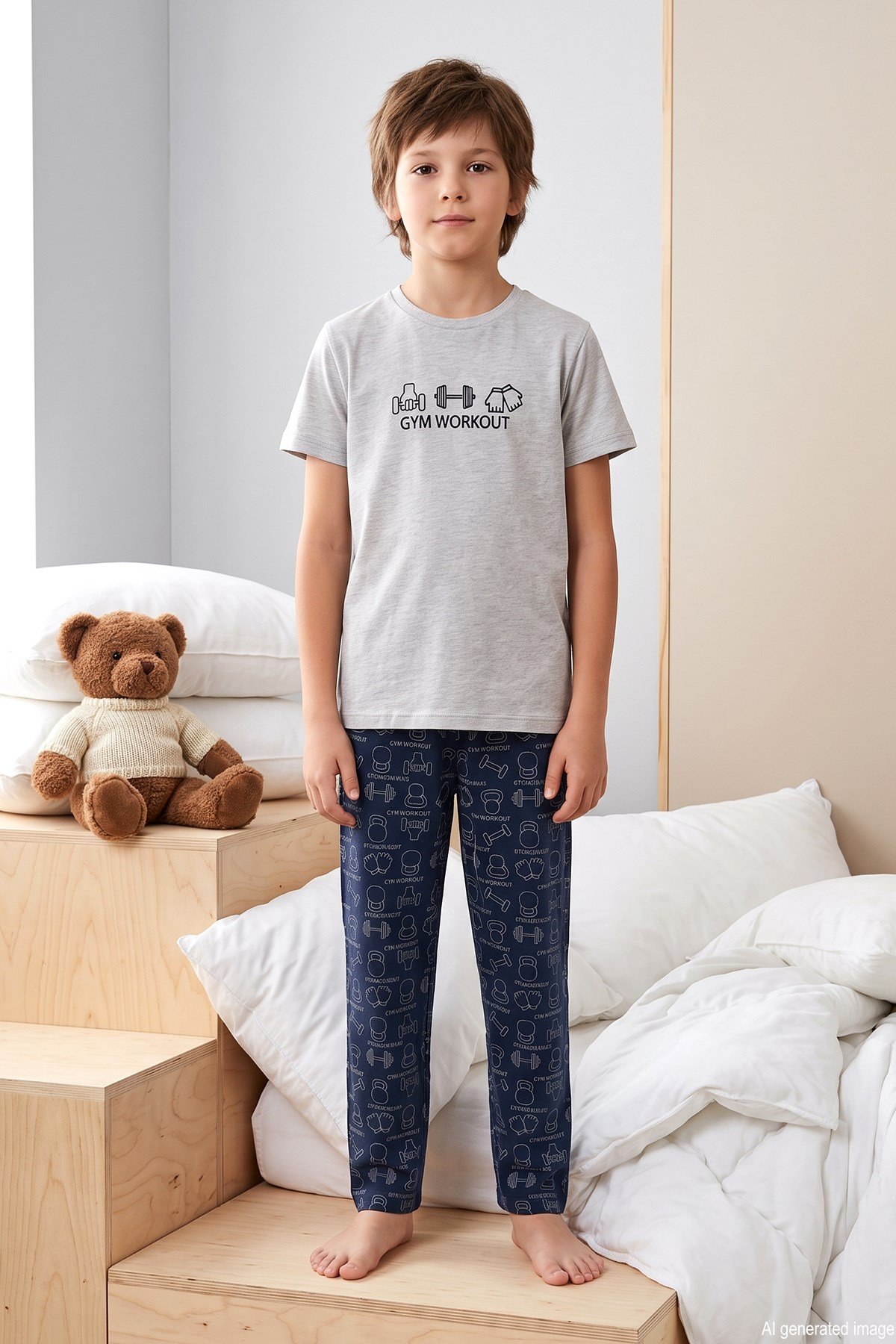 Desenli Erkek Çocuk Süprem Pamuklu Pijama Takımı 260378 Gri