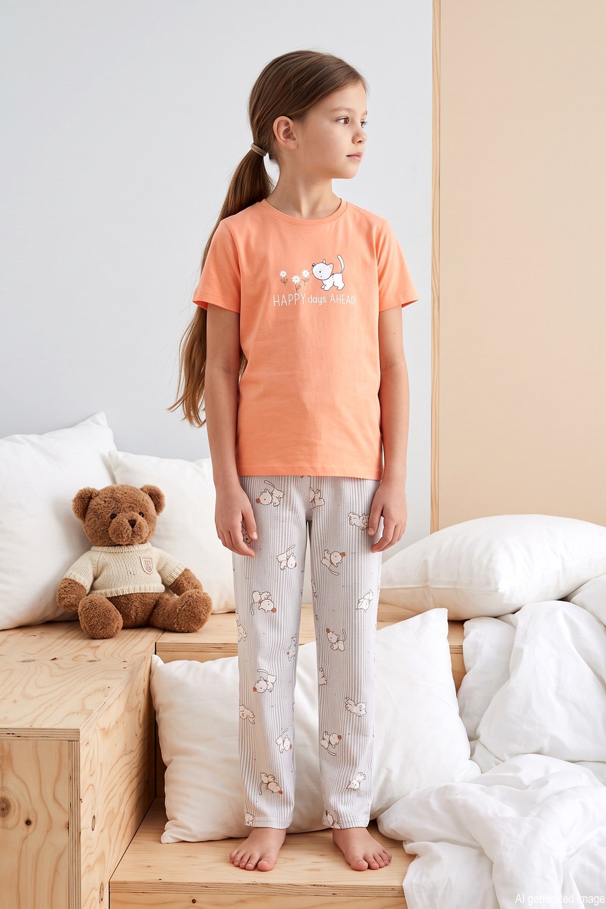 Desenli Genç Kız Çocuk Süprem Pamuklu Pijama Takımı 260266 Turuncu