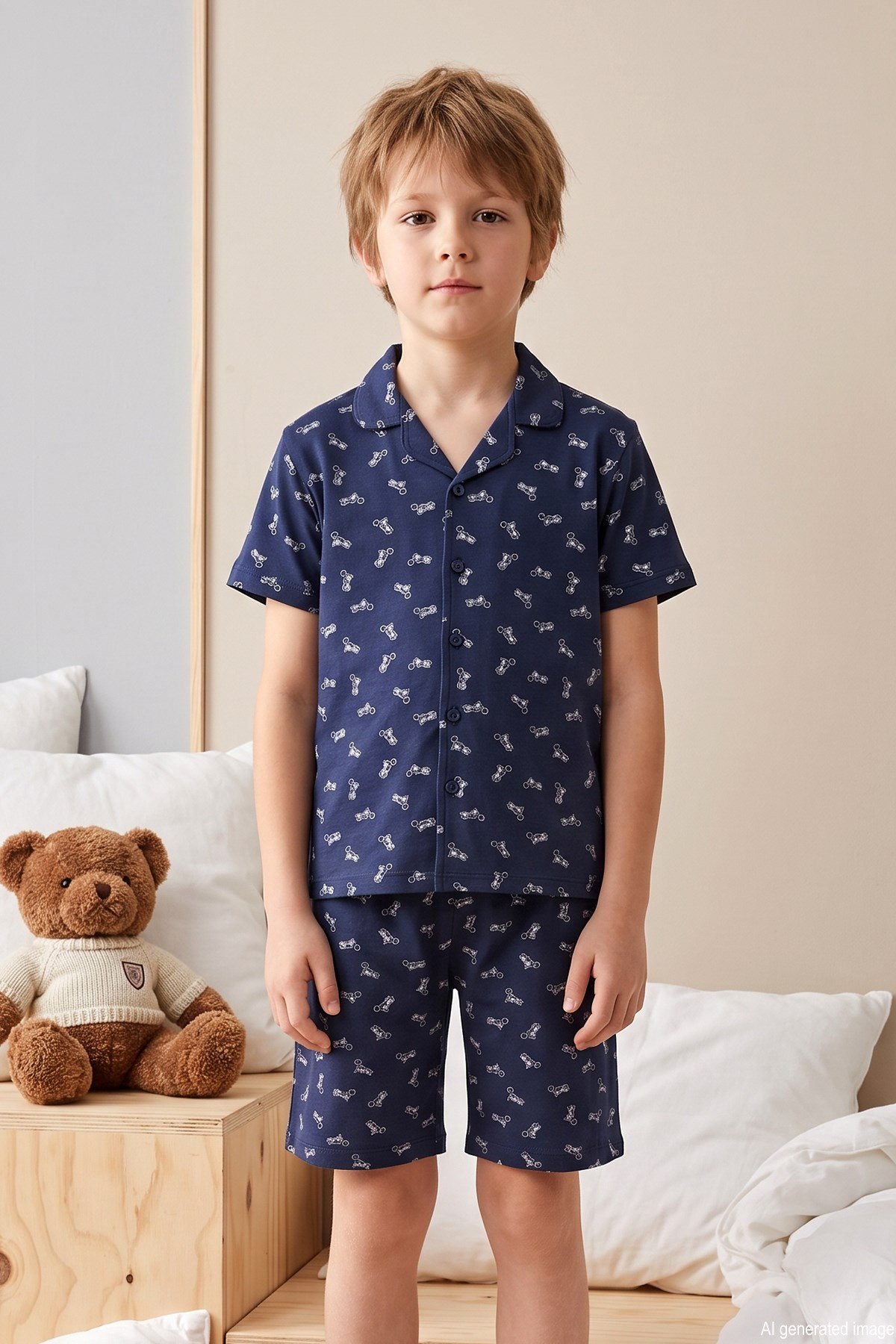 Desenli Önü Düğmeli Şortlu Erkek Çocuk Süprem Pamuklu Pijama Takımı 260354 Lacivert